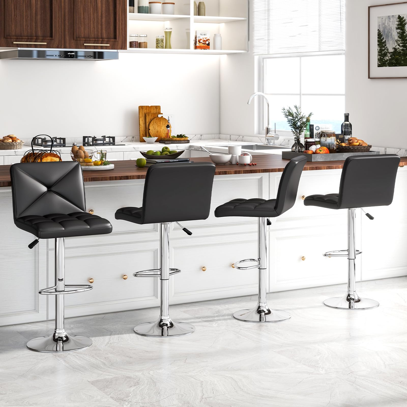 Bar Stools Set of 2/4, Modern PU Leather Swivel Counter Height Bar Stools with Back, Heavy-Duty Metal Base & Footrest