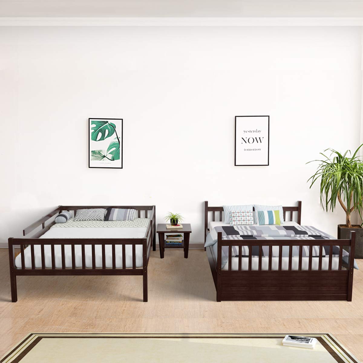 Full Over Full Wood Bunk Bed with Trundle, Ladder, Solid Wood Frame & Safety Guardrails