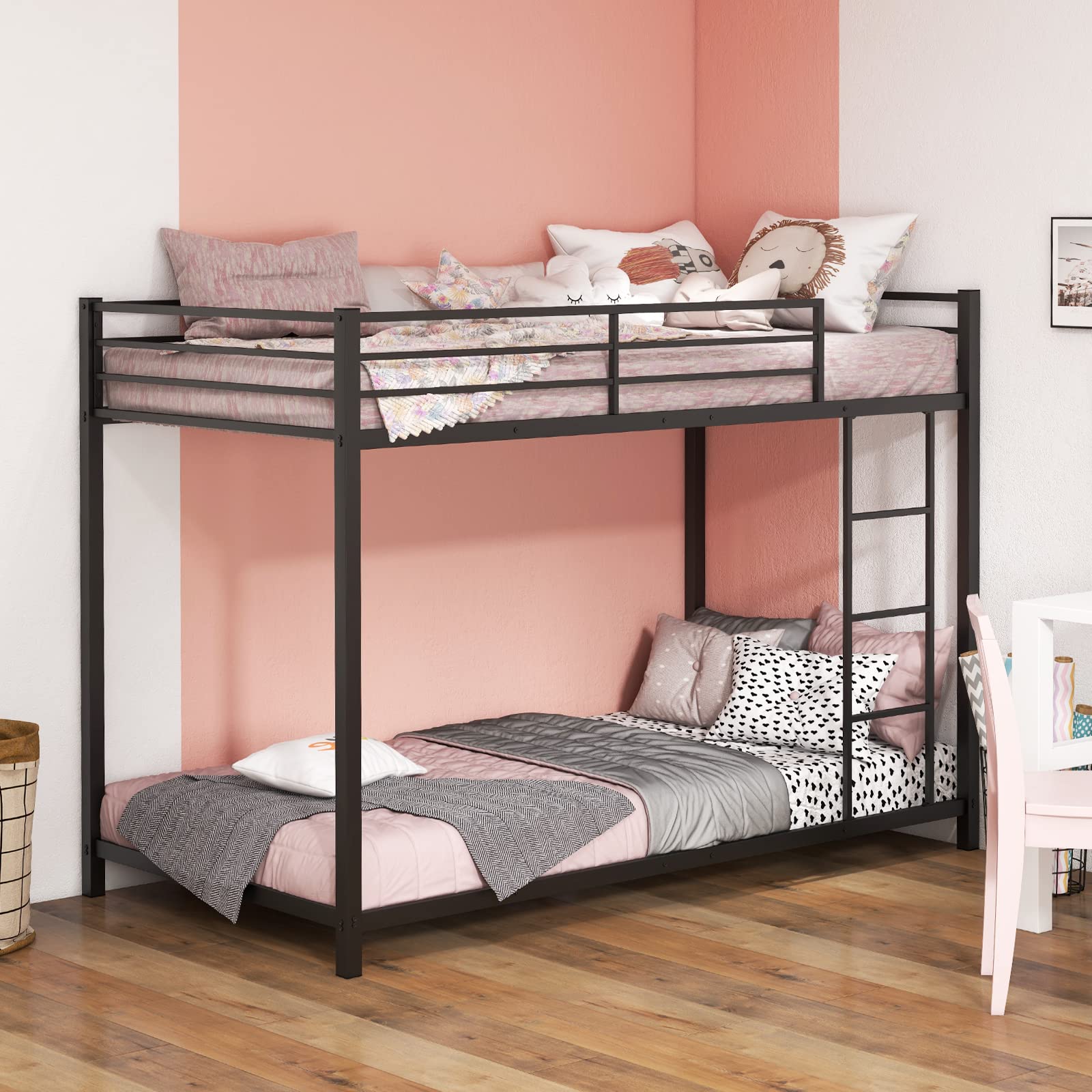 Twin Over Twin Metal Low Floor Bunk Bed with Safety Guard Rail & Ladder