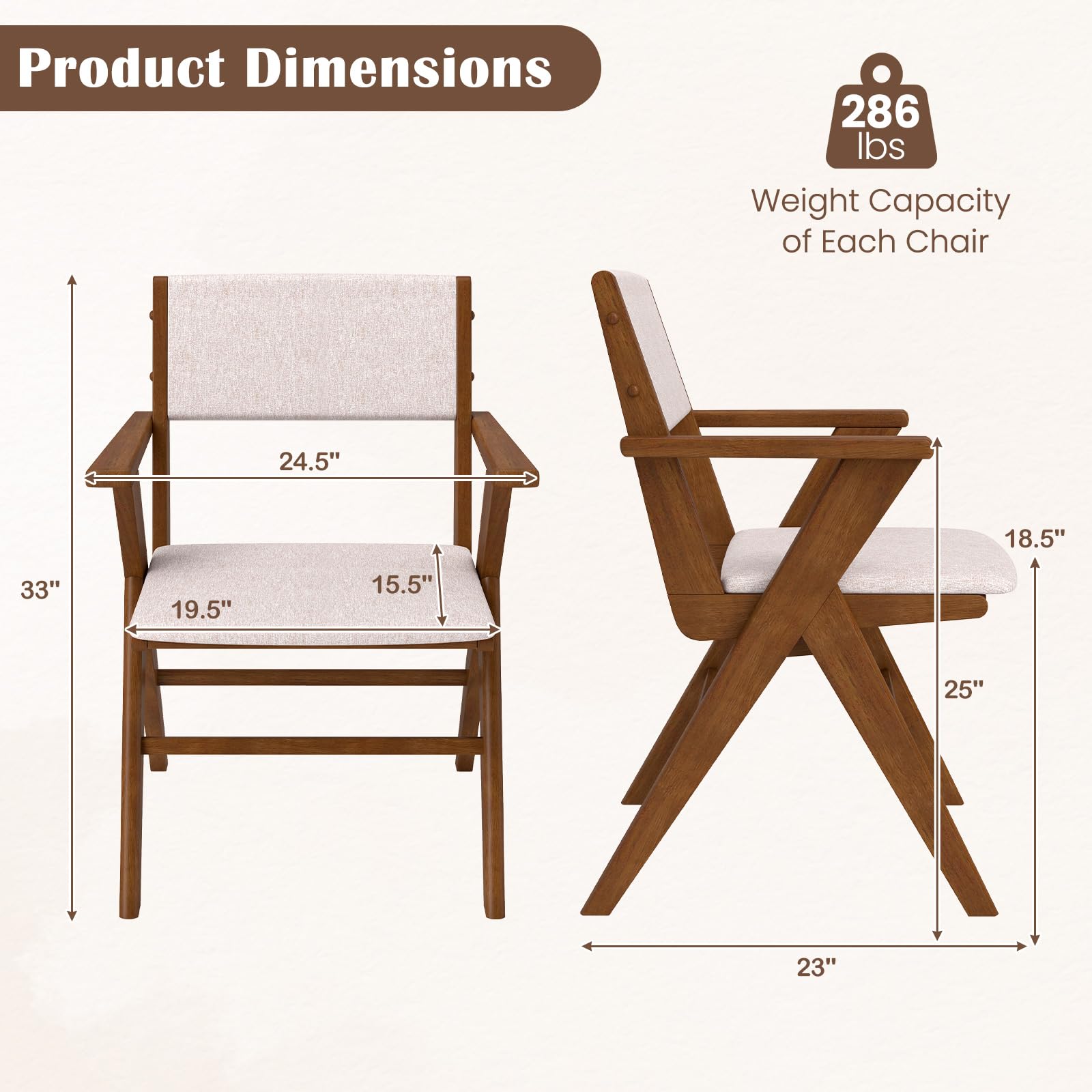 Wooden Dining Chairs Set of 2/4 w/Armrests, Rubber Wood Frame, Padded Seat & Back