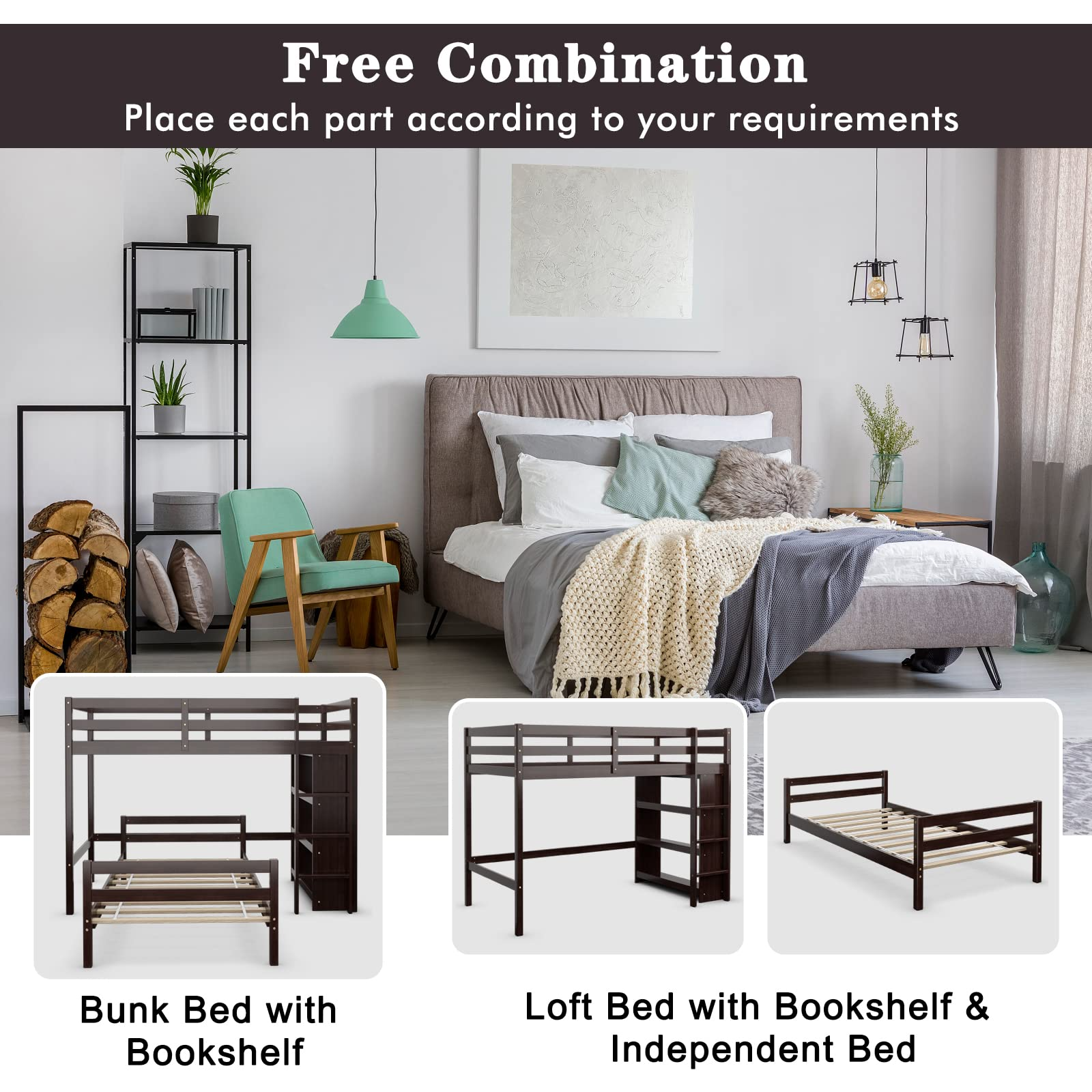 Twin Over Twin Bunk Bed, Convertible Wooden Loft Bed with 3-Tier Bookcase, Can be Separated into 2 Beds