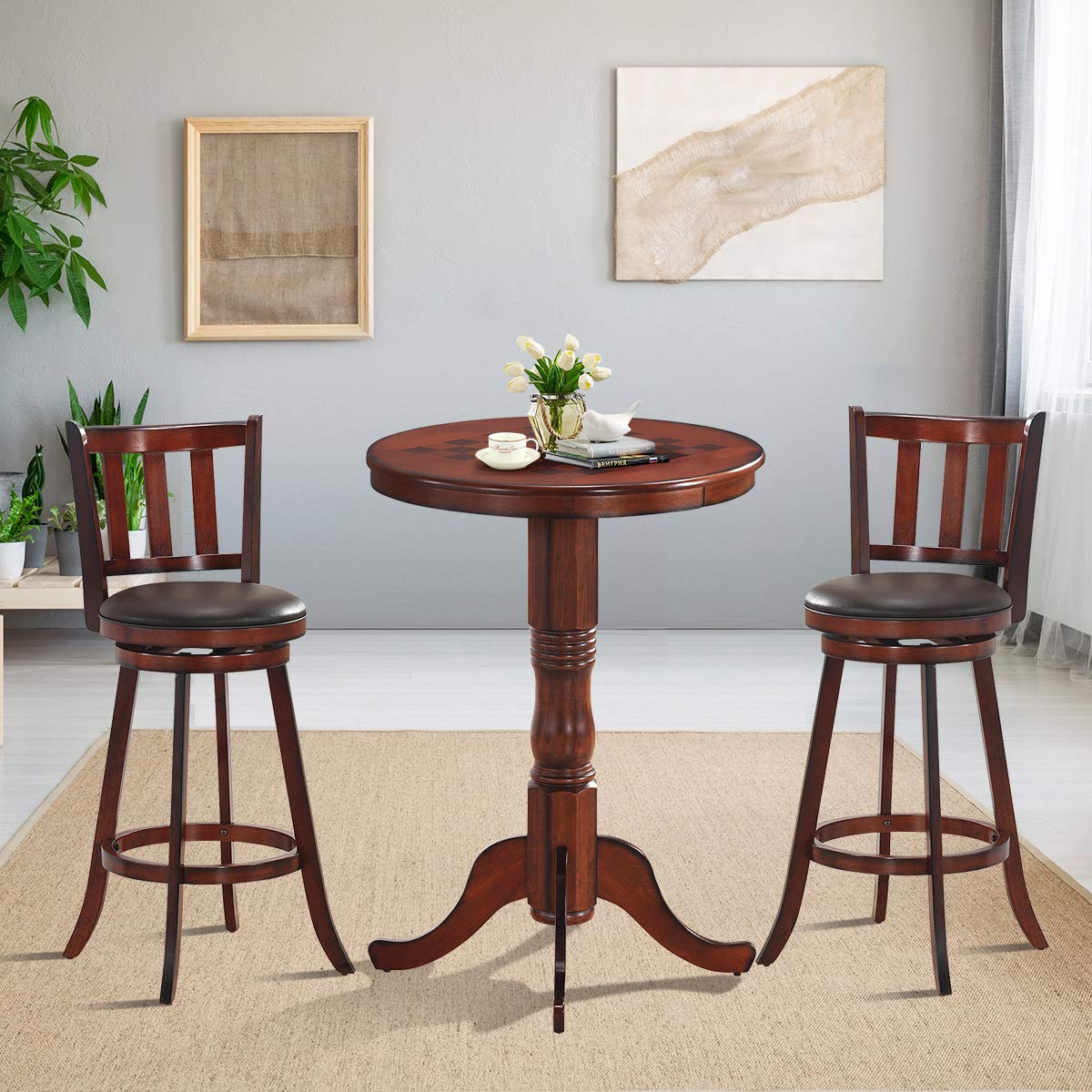 Round Dining Table, Wooden Pub Pedestal Side Table W/Chessboard, Adjustable Foot Pads