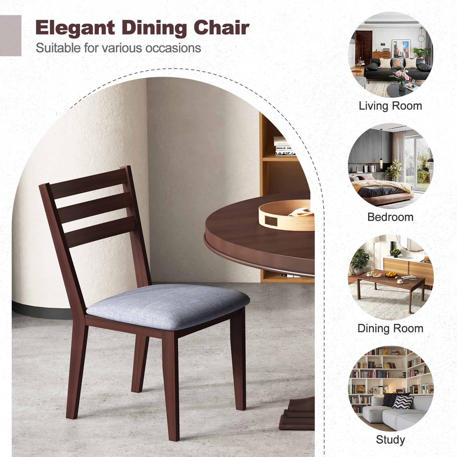 Wood Dining Chairs Set of 2/4, Upholstered Kitchen Chair with Solid Rubber Wood Frame