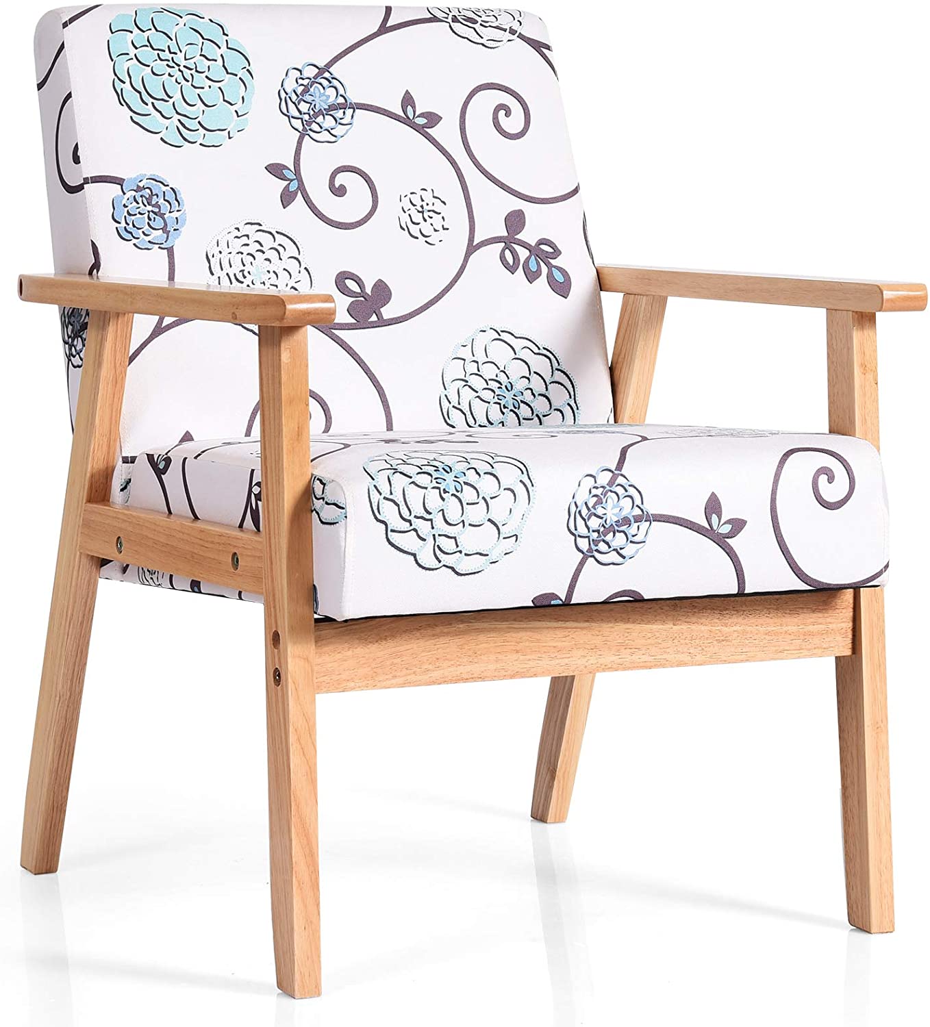 Mid Century Accent Arm Chairs, Fabric Modern Armchairs w/Rubber Wood, Pretty Pattern, Soft Sponge