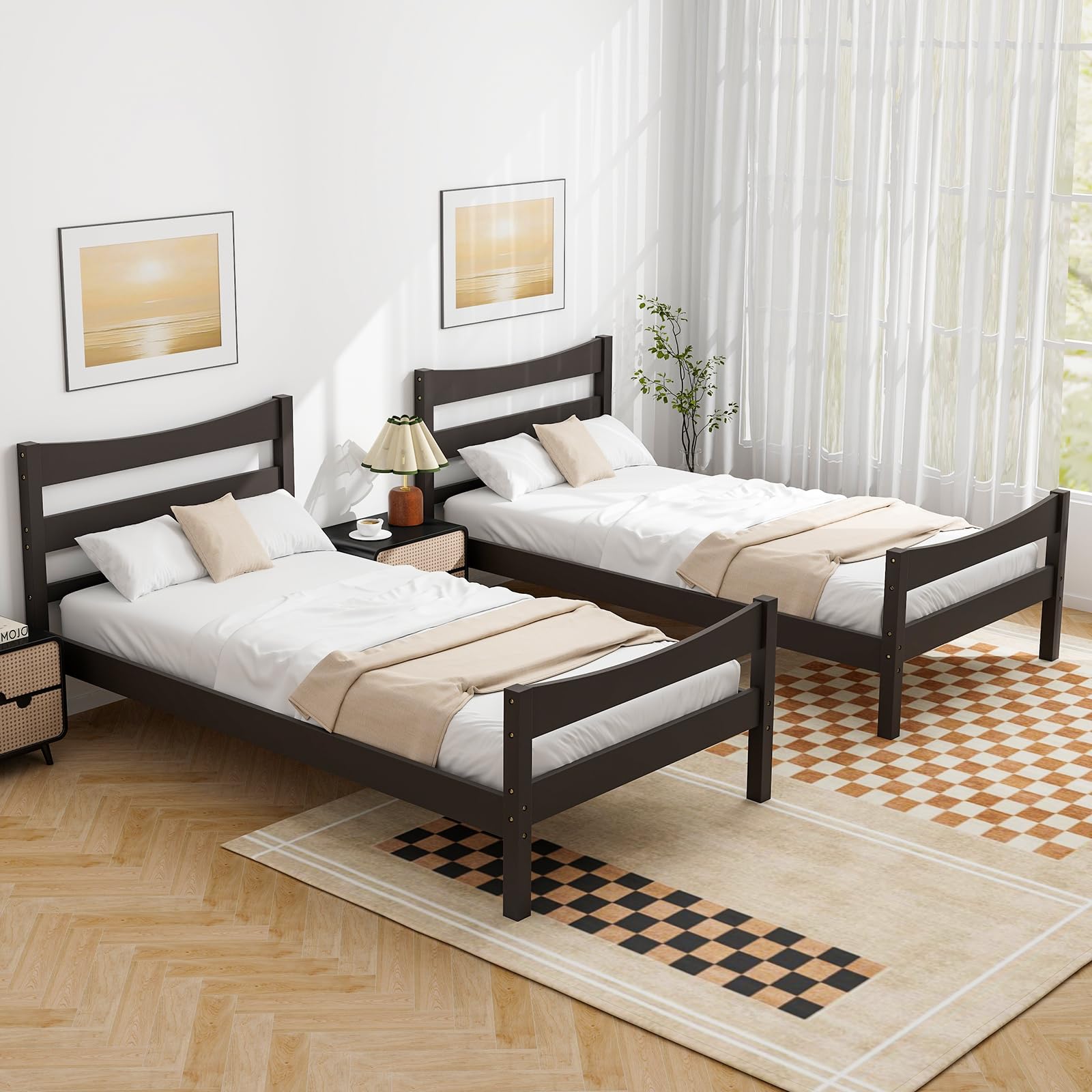 Twin Size Wood Bed Frame, Rustic Style Platform Bed w/Headboard & Footboard