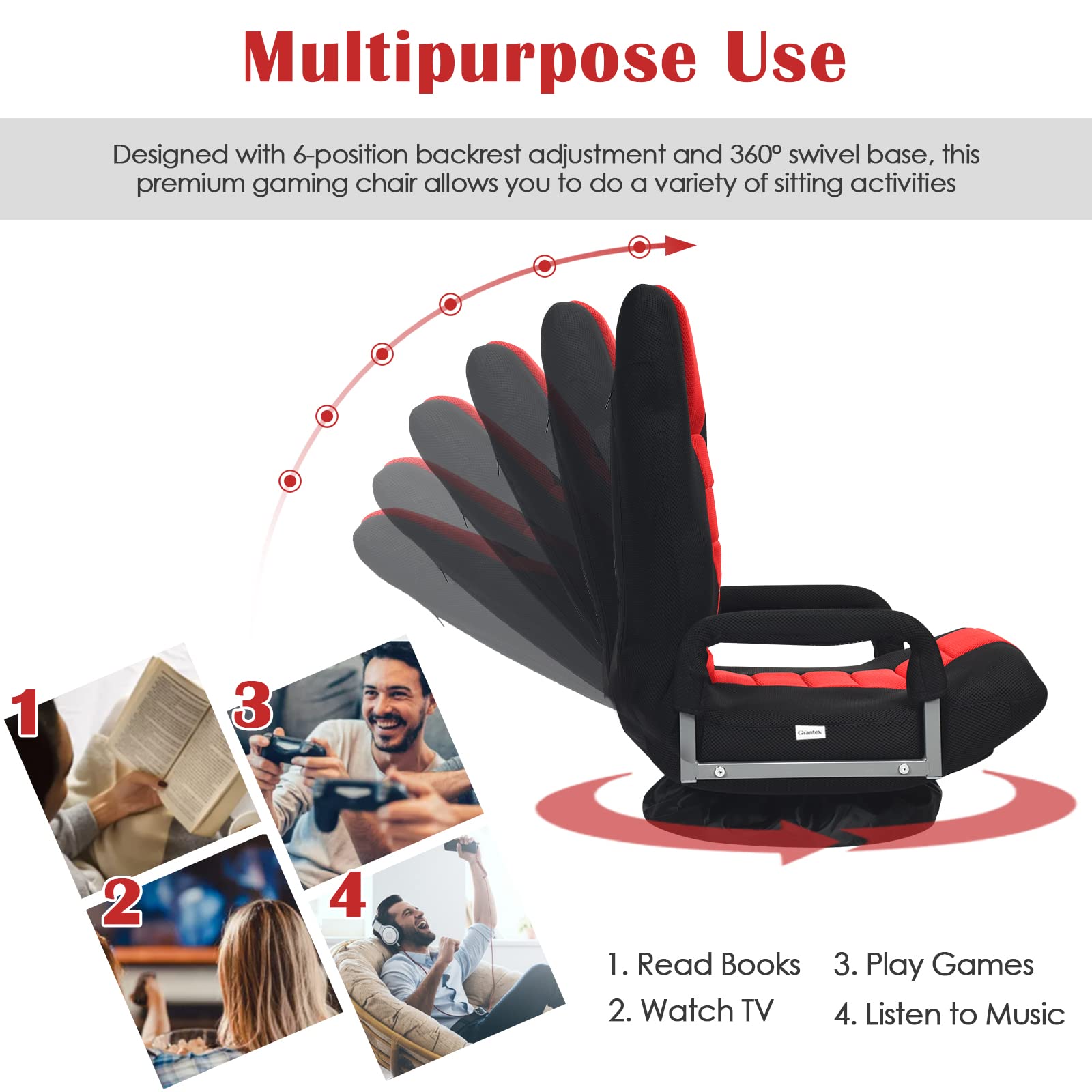 360-Degree Foldable Swivel Gaming Floor Chair With 6 Adjustable Position, Armrests, Padded Backrest