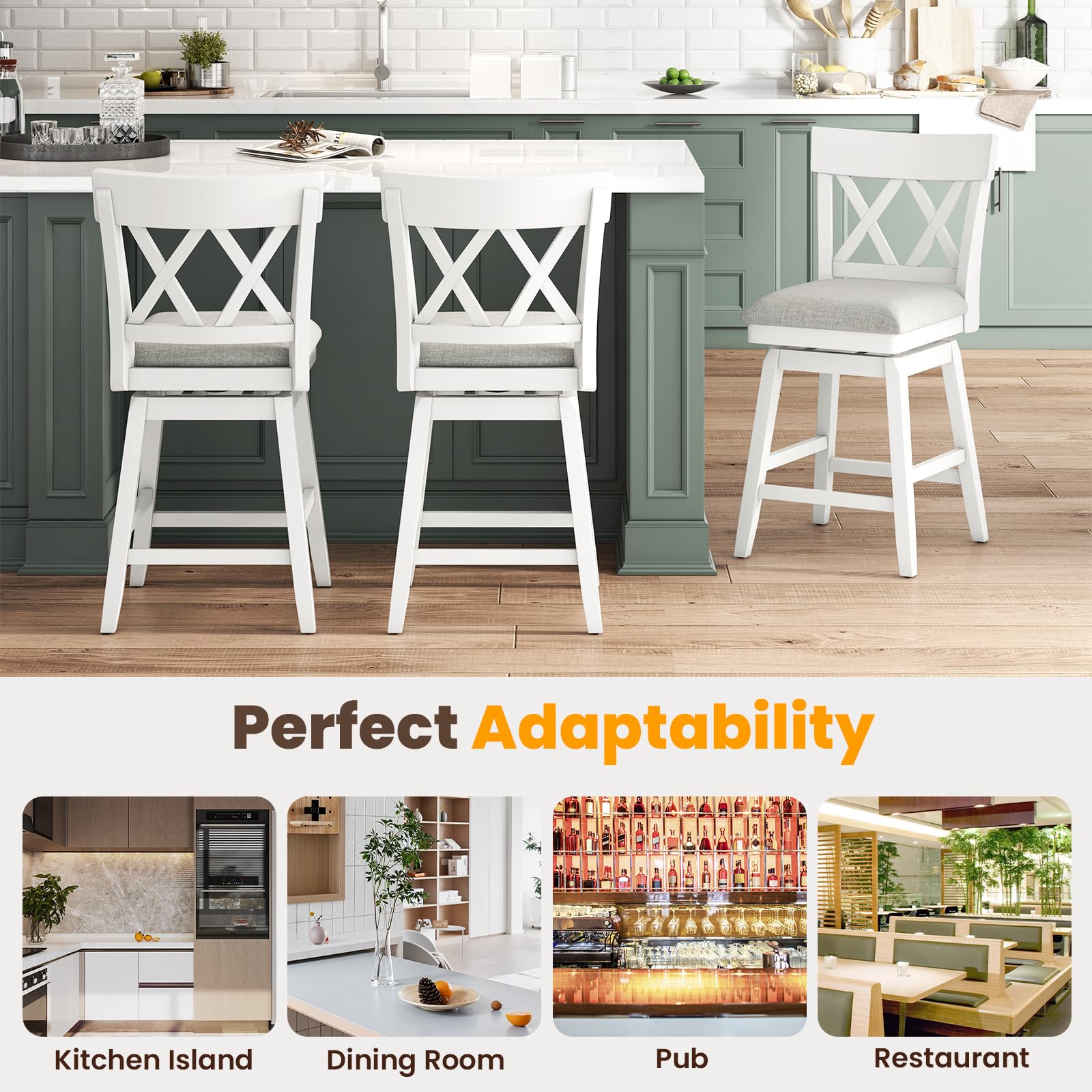 Swivel Counter Height Bar Stool with Contoured Backrest, Padded Seat & Rubber Wood Legs