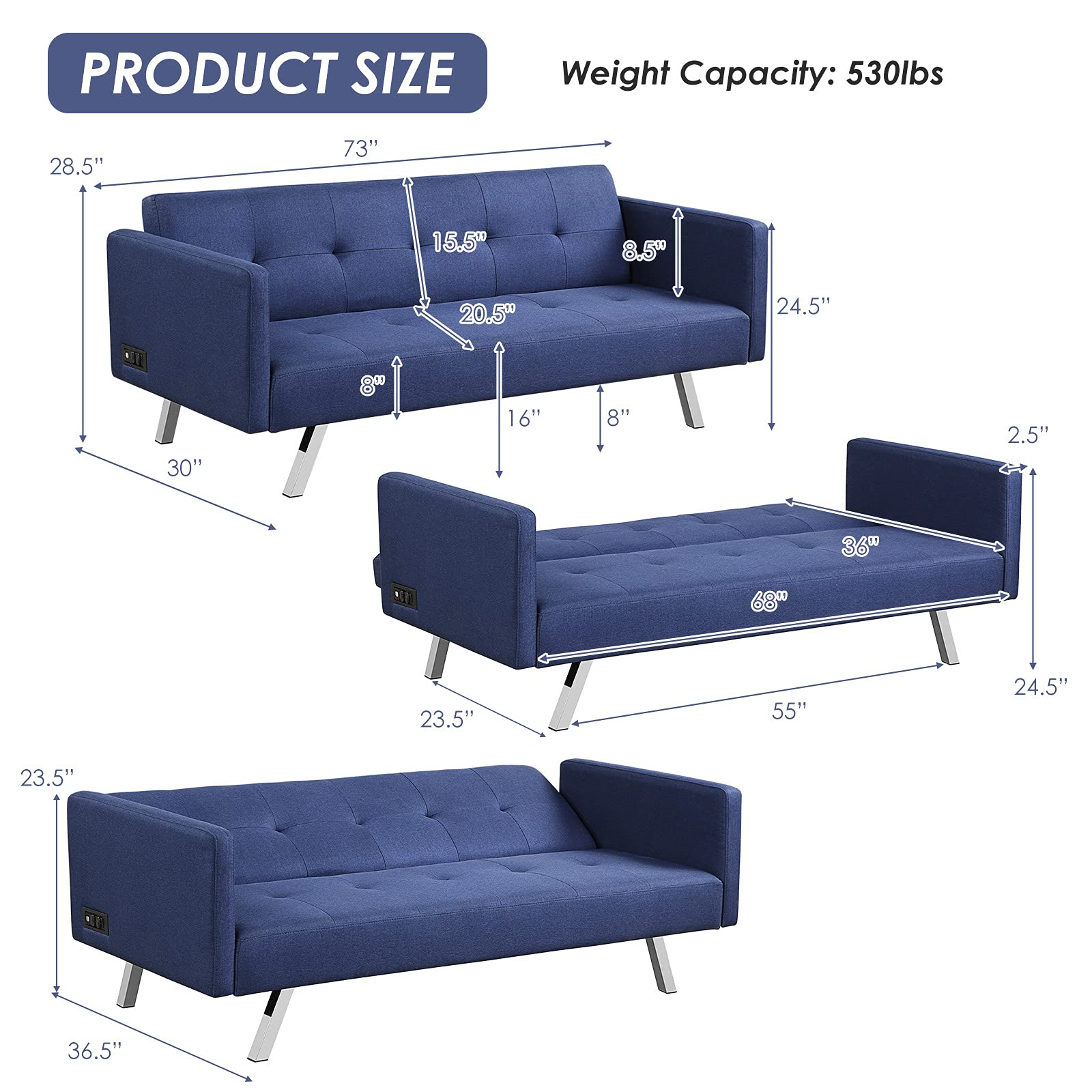Modern 3 Seat Convertible Futon Sofa Bed with USB and Power Strip