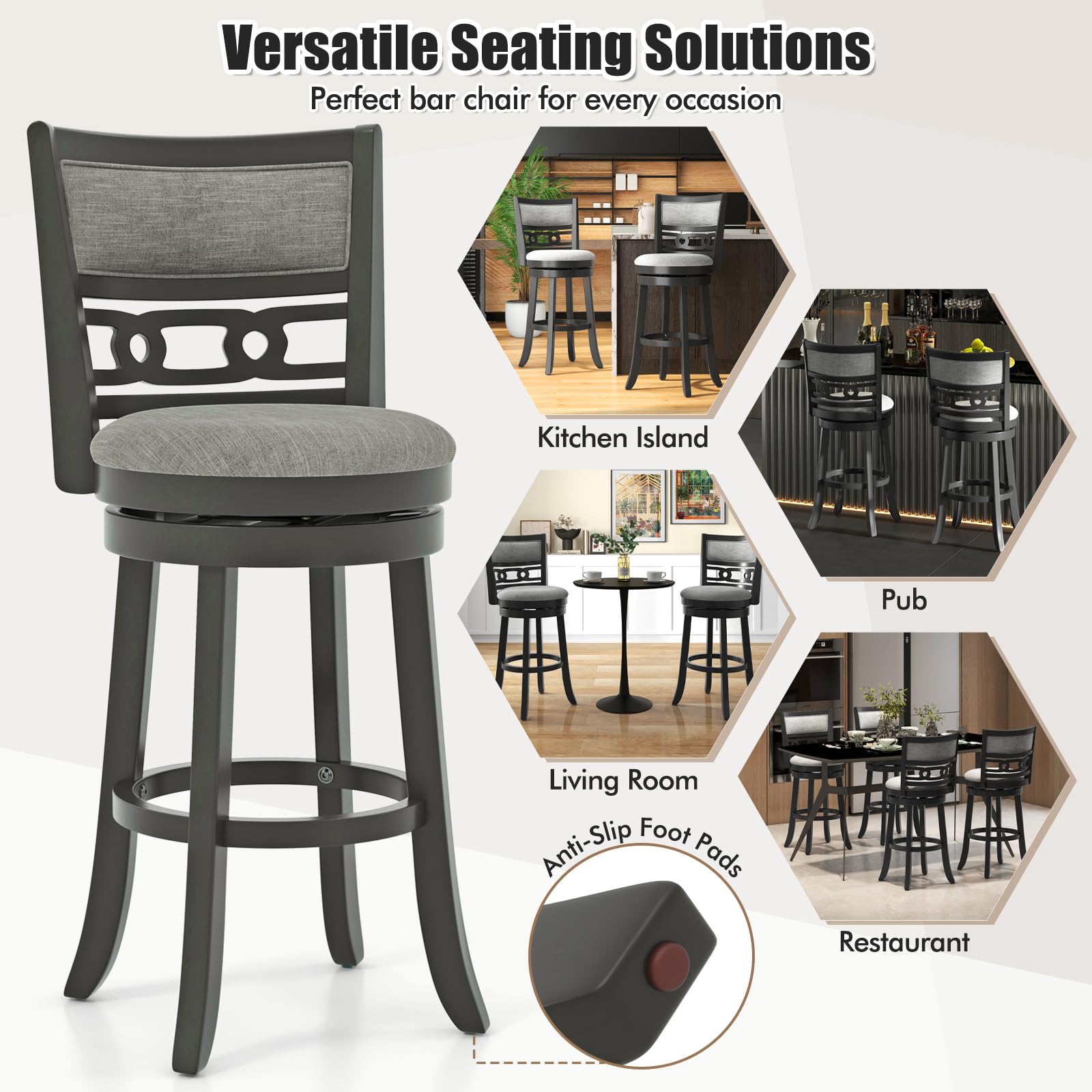 Upholstered Bar Height Bar Chair with Wooden Frame, Swivel Seat & Footrest