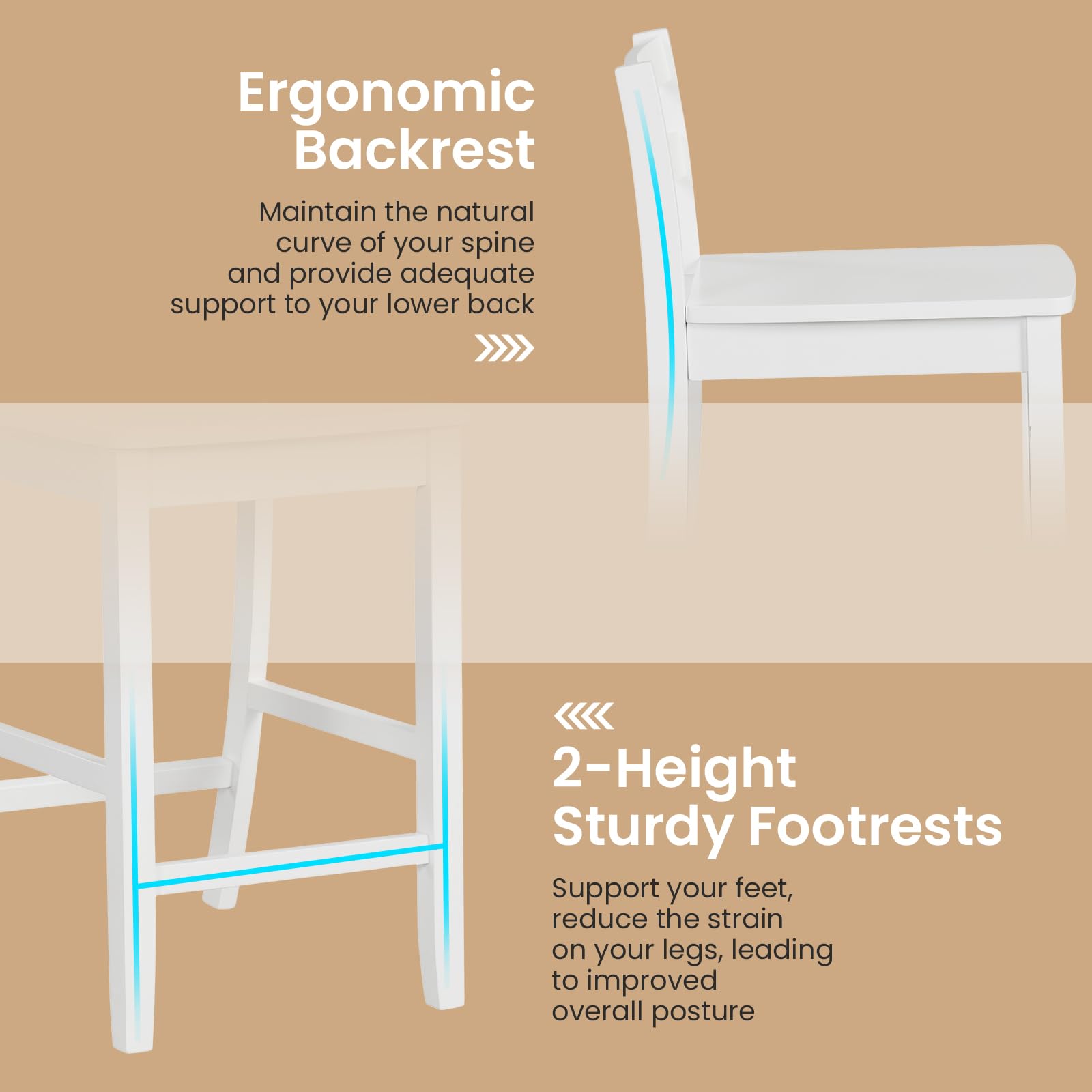 Wooden Bar Stools Set of 2/4, 24-Inch Counter Height Stools with Ergonomic Backrest & Footrest