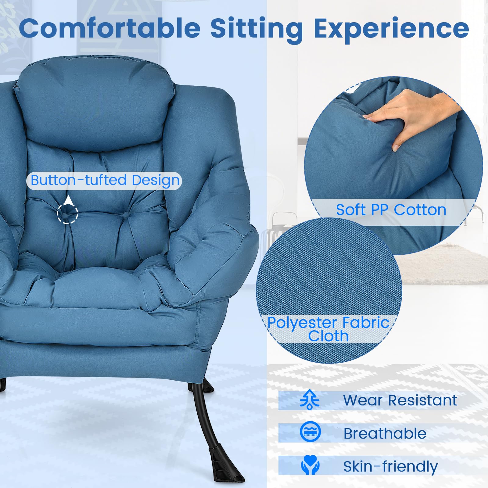 Modern Lazy Chair, Upholstered Single Sofa Chair w/Armrests & Side Pocket