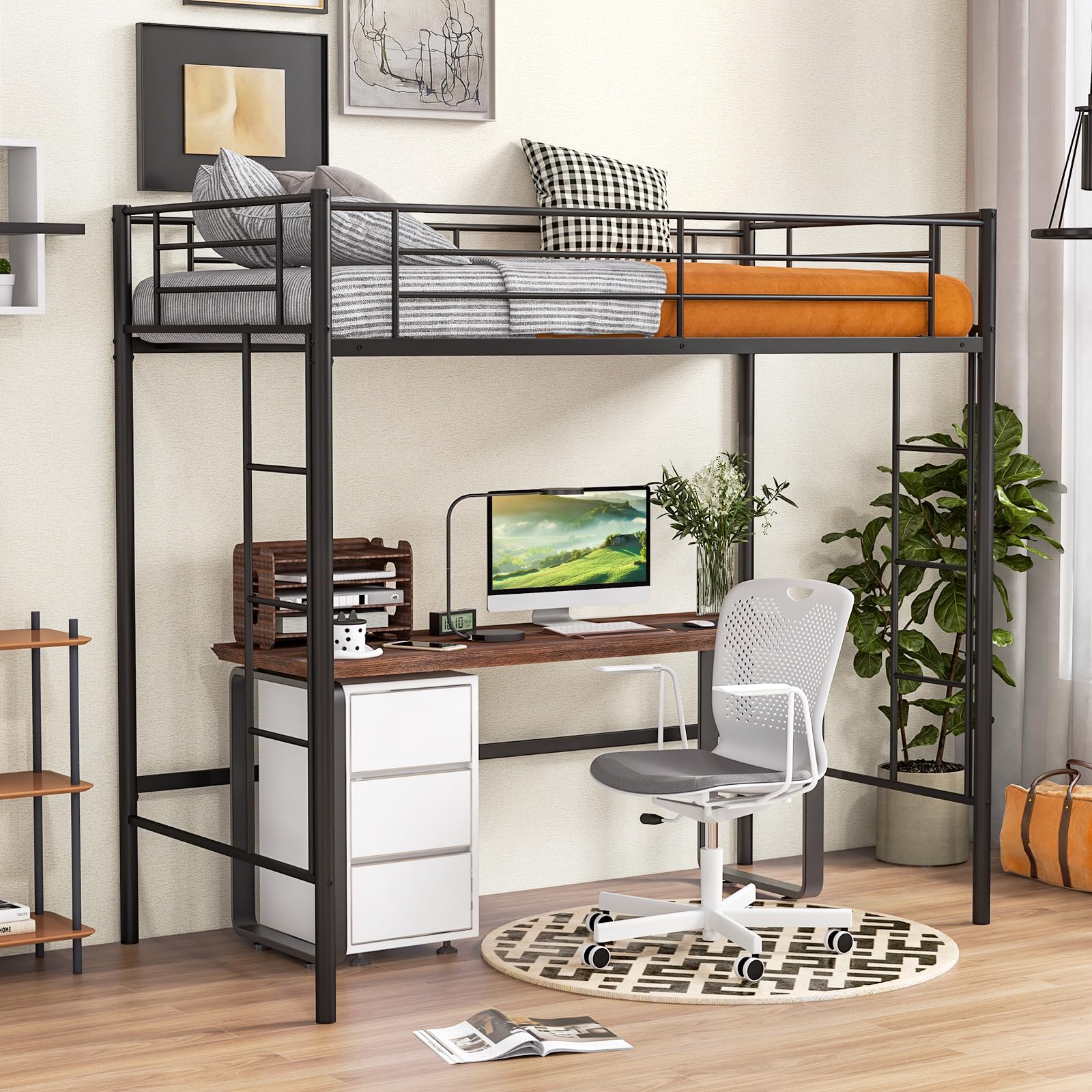 Twin Size Metal Loft Bed with Both Side Ladders & Safety Guardrails