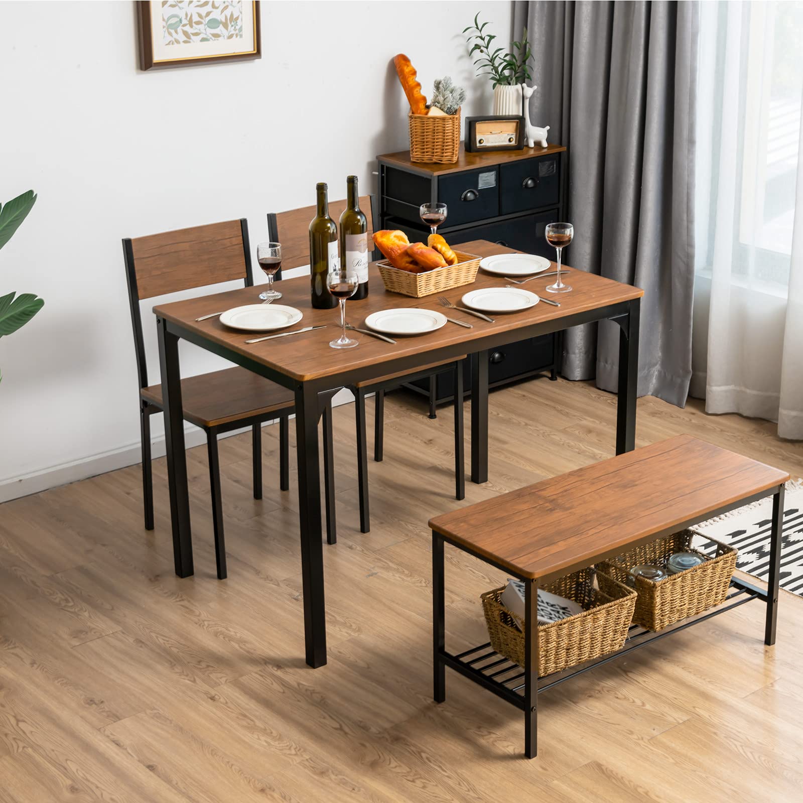 Dining Table Set for 4, Industrial Gathering Bench Dining Set W/Metal Frame & Storage Rack