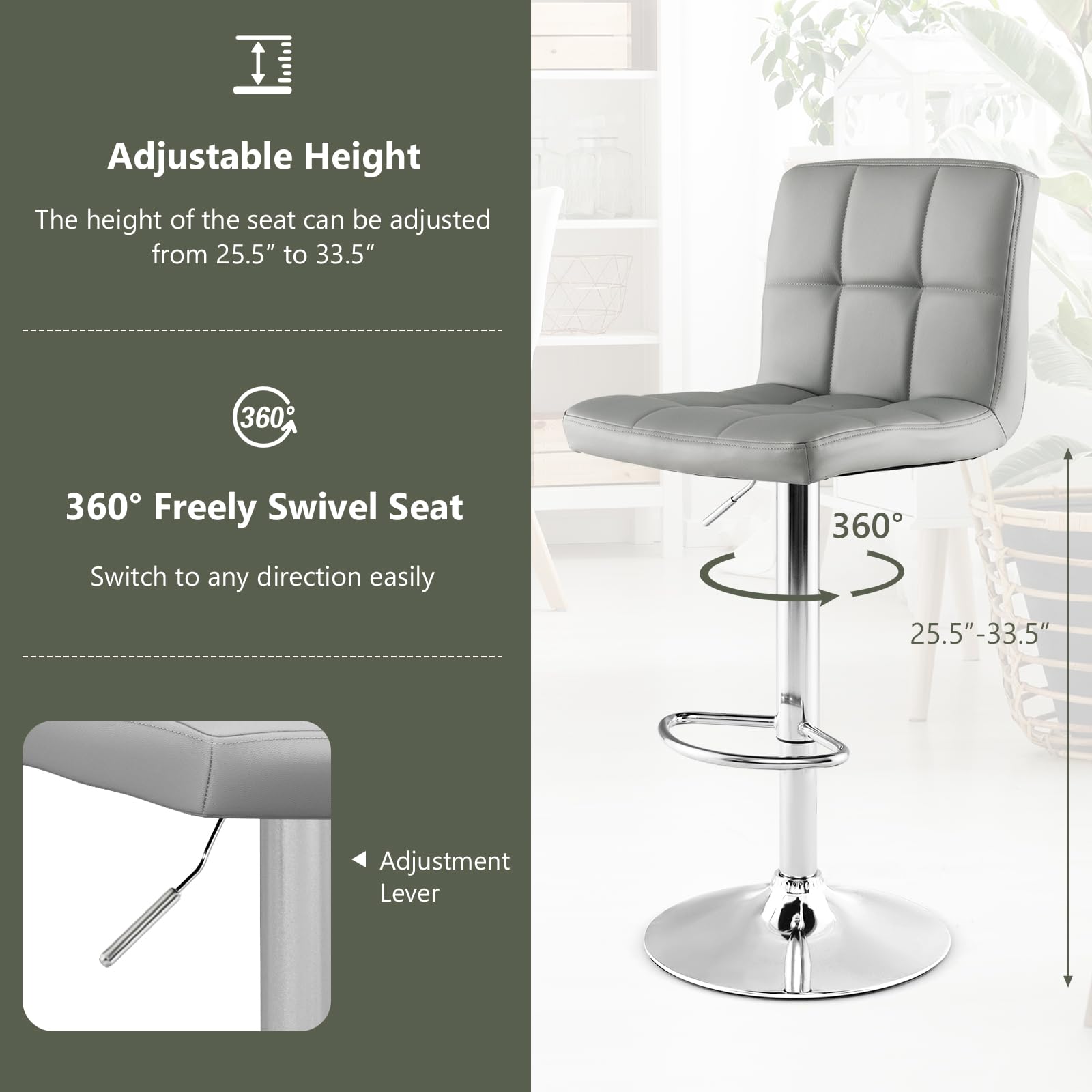 Modern PU Leather Height Adjustable Bar Stools  Set of 1/2 with Back, Footrest, Metal Base