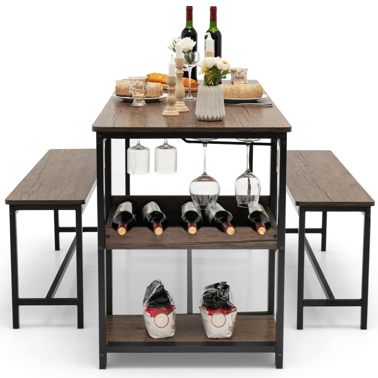 Dining Table Set for 4, 3-Piece 55" L Kitchen Table Set w/ 2 Benches, Breakfast Table w/ 5-Bottle Wine Rack & Glass Holder