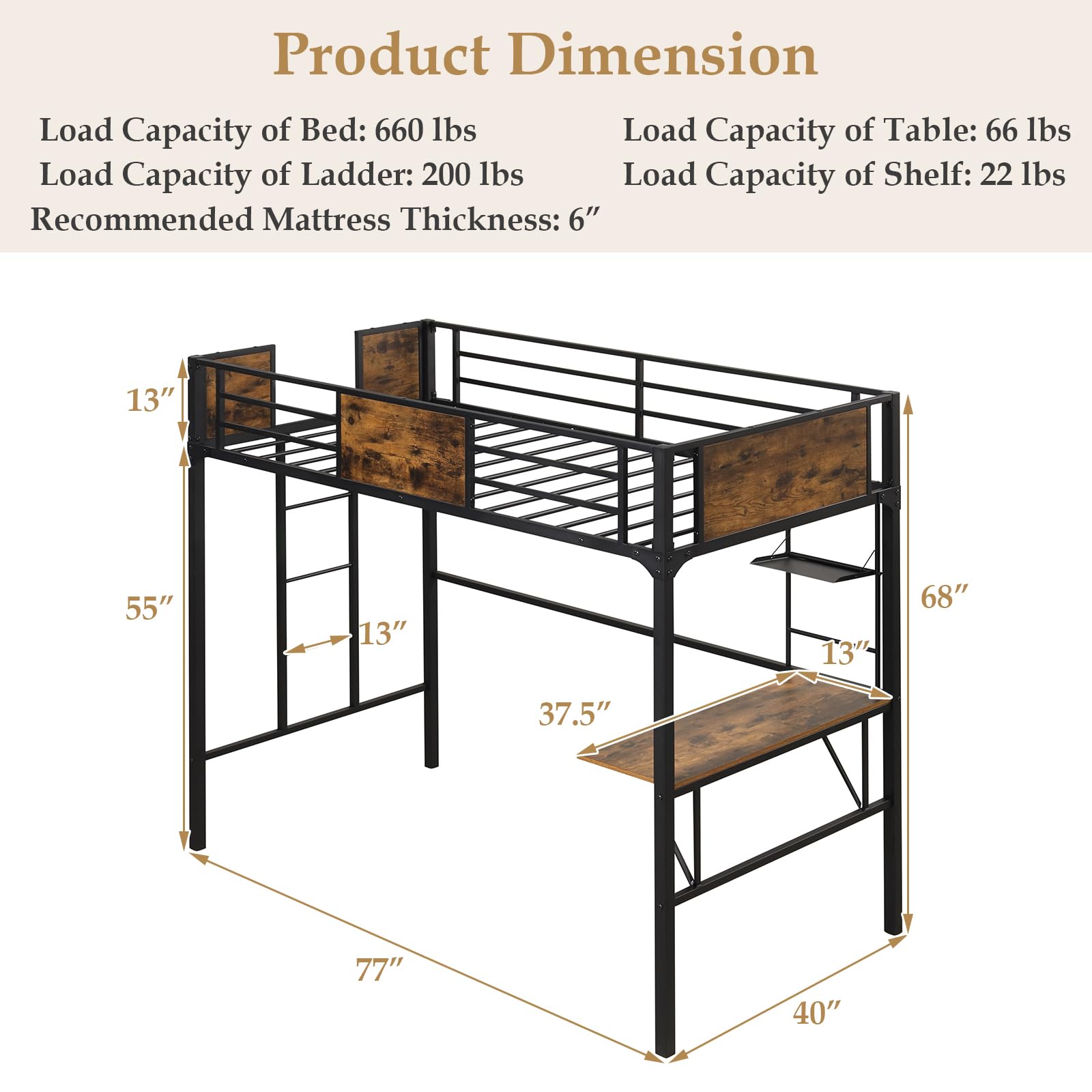 Metal Twin Loft Bed with Desk and Storage Shelf