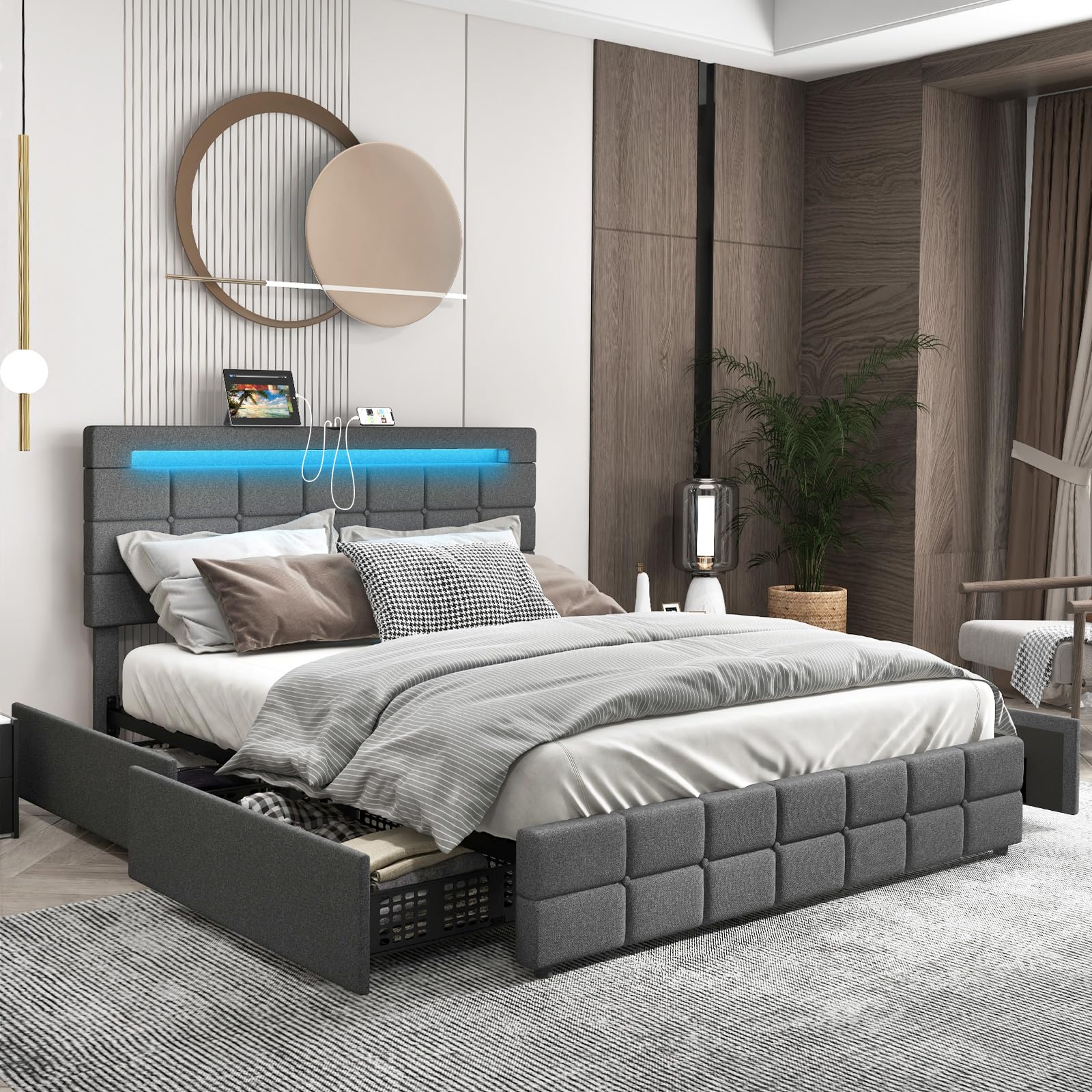 Upholstered Bed Frame with LED Lights and 4 Drawers, Height Adjustable Headboard with USB Ports