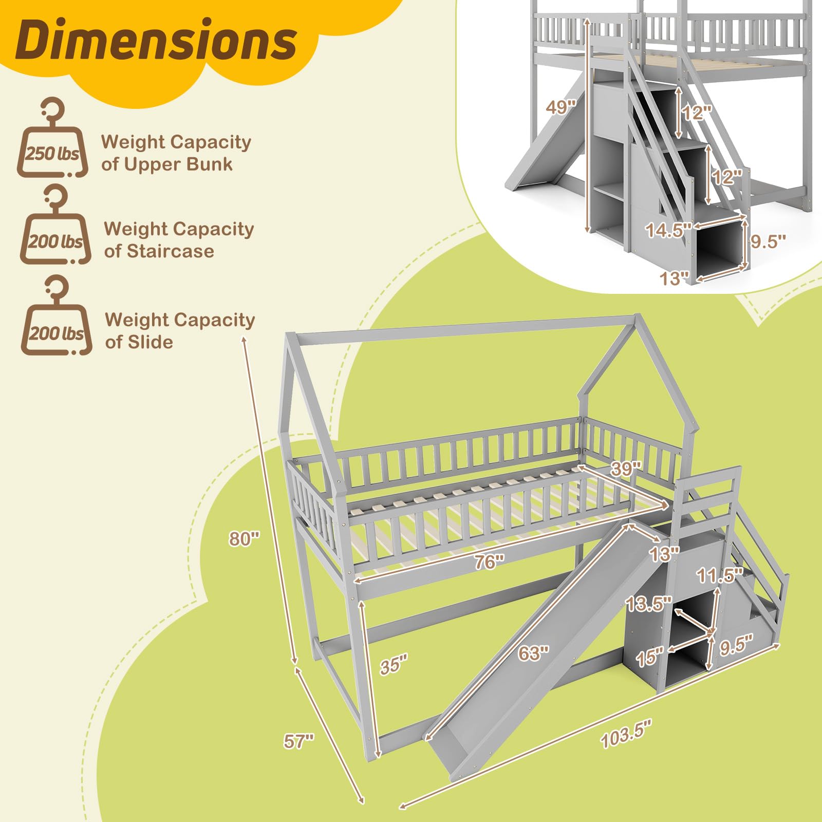 Twin Over Twin  Wood House Bunk Bed with Slide & Stairs, Storage Shelves