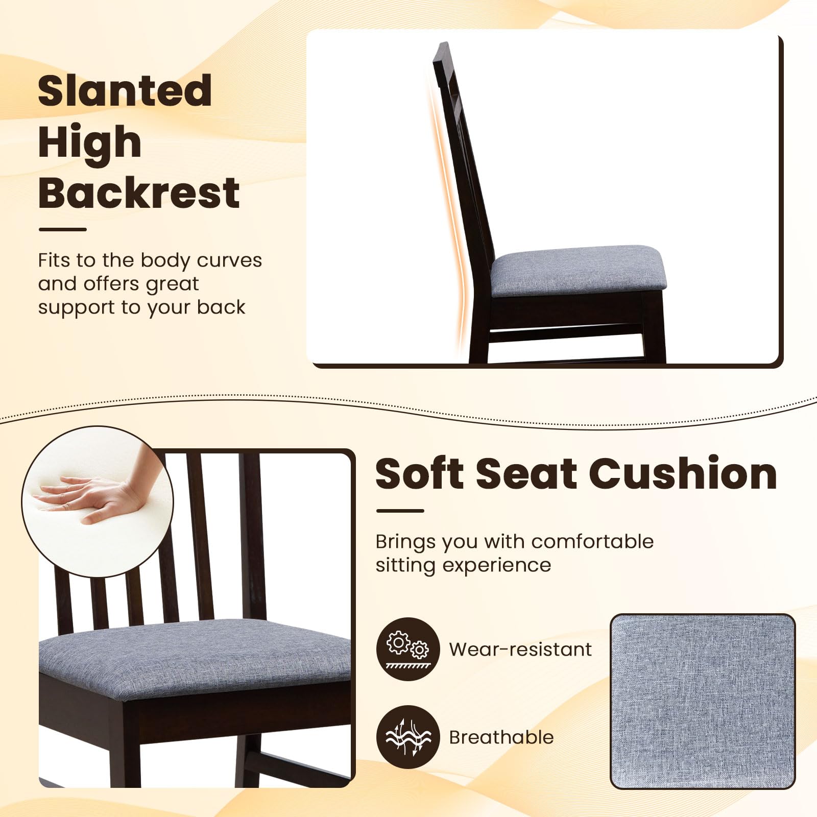 Armless Wood Dining Chairs Set of 2/4 with Cushion Seat,  Solid Rubber Wood Frame