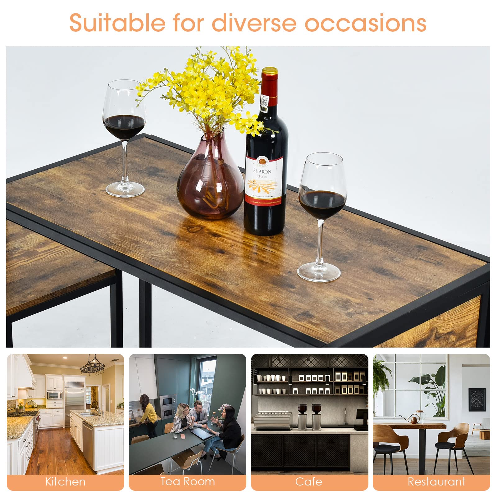 3 Piece Kitchen Table Set with 2 Chairs, Metal Frame