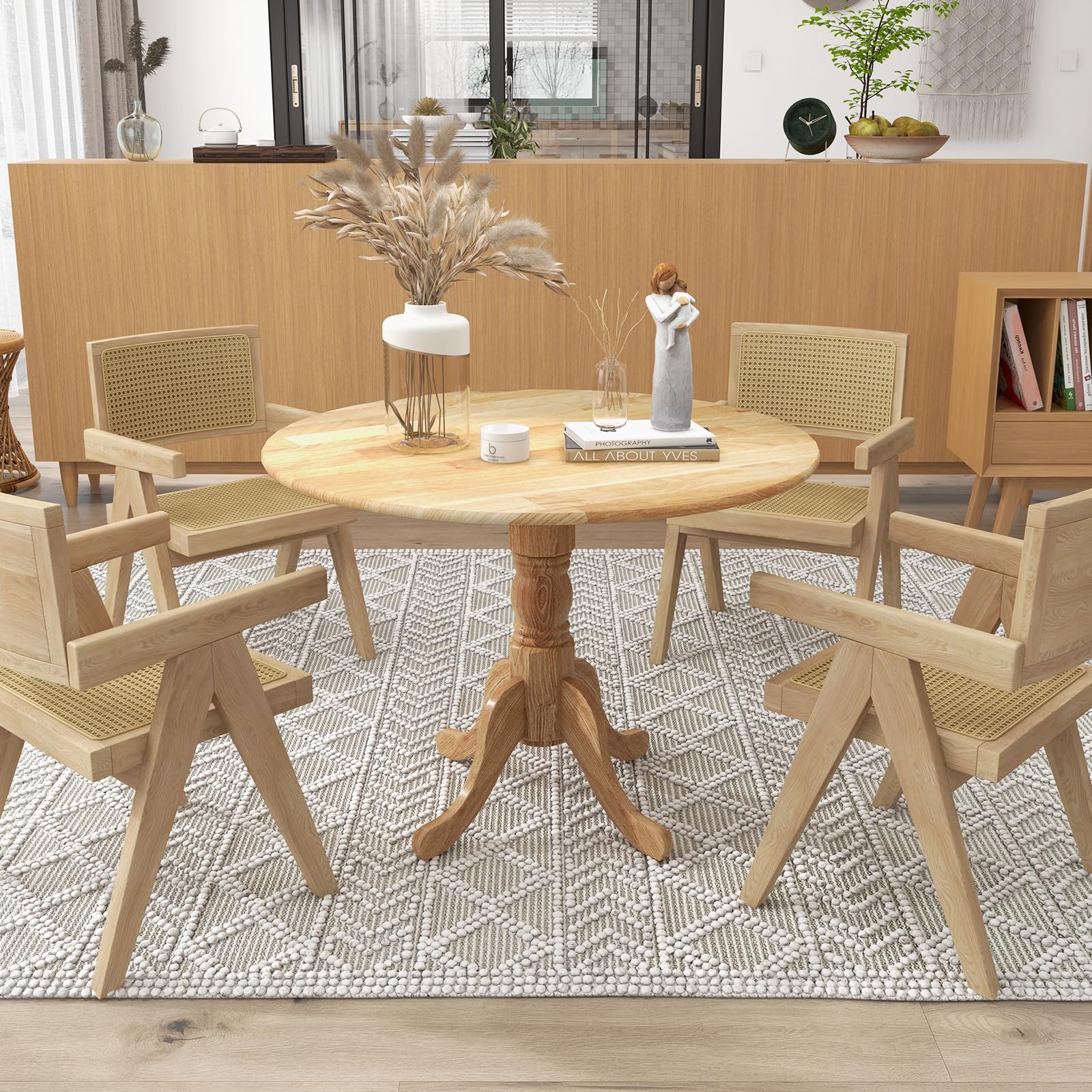 Wood Round Dining Table for 4 People with Round Tabletop & Curved Trestle Legs
