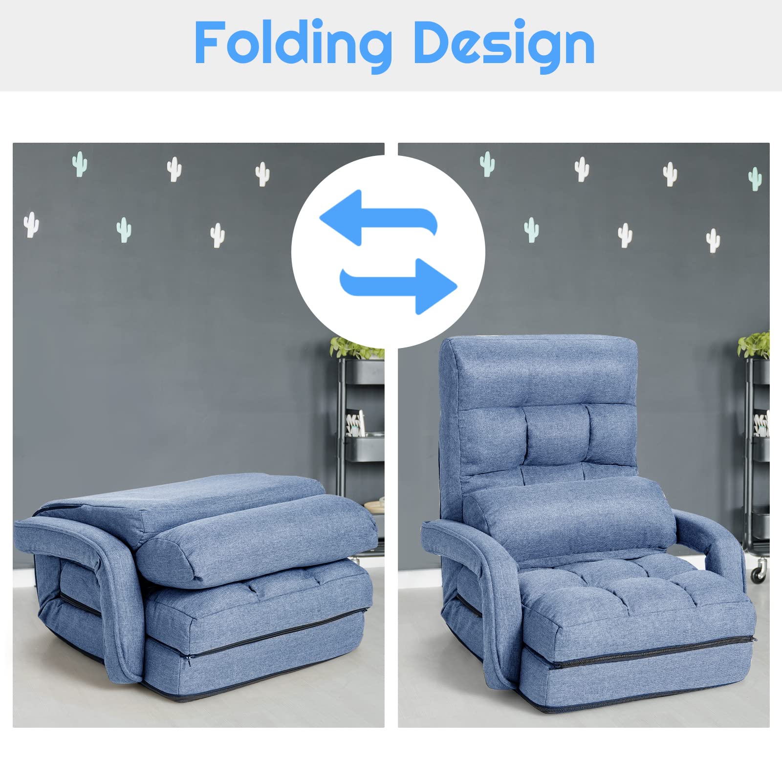 Adjustable Floor Chair, Folding Lazy Sofa Chair with 5 Positions, Detachable Seat Cushion