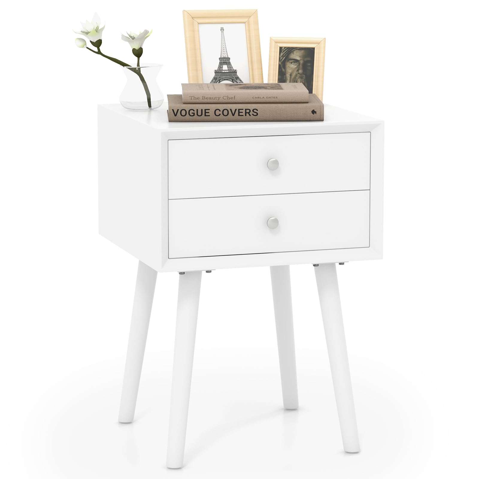 2-Drawer Nightstand, Mid-Century Modern Bed Side Table with Storage