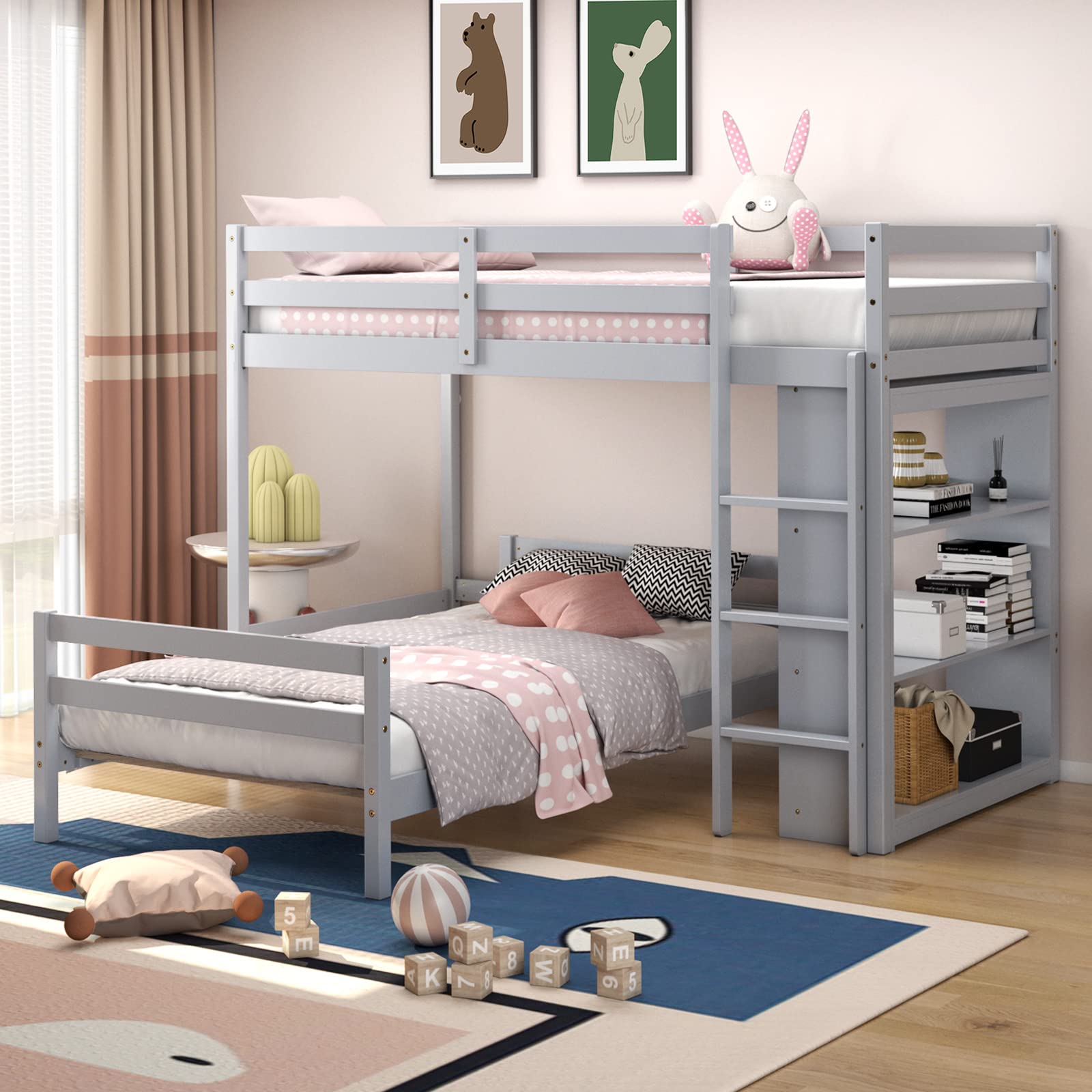 Twin Over Twin Bunk Bed, Convertible Wooden Loft Bed with 3-Tier Bookcase, Can be Separated into 2 Beds