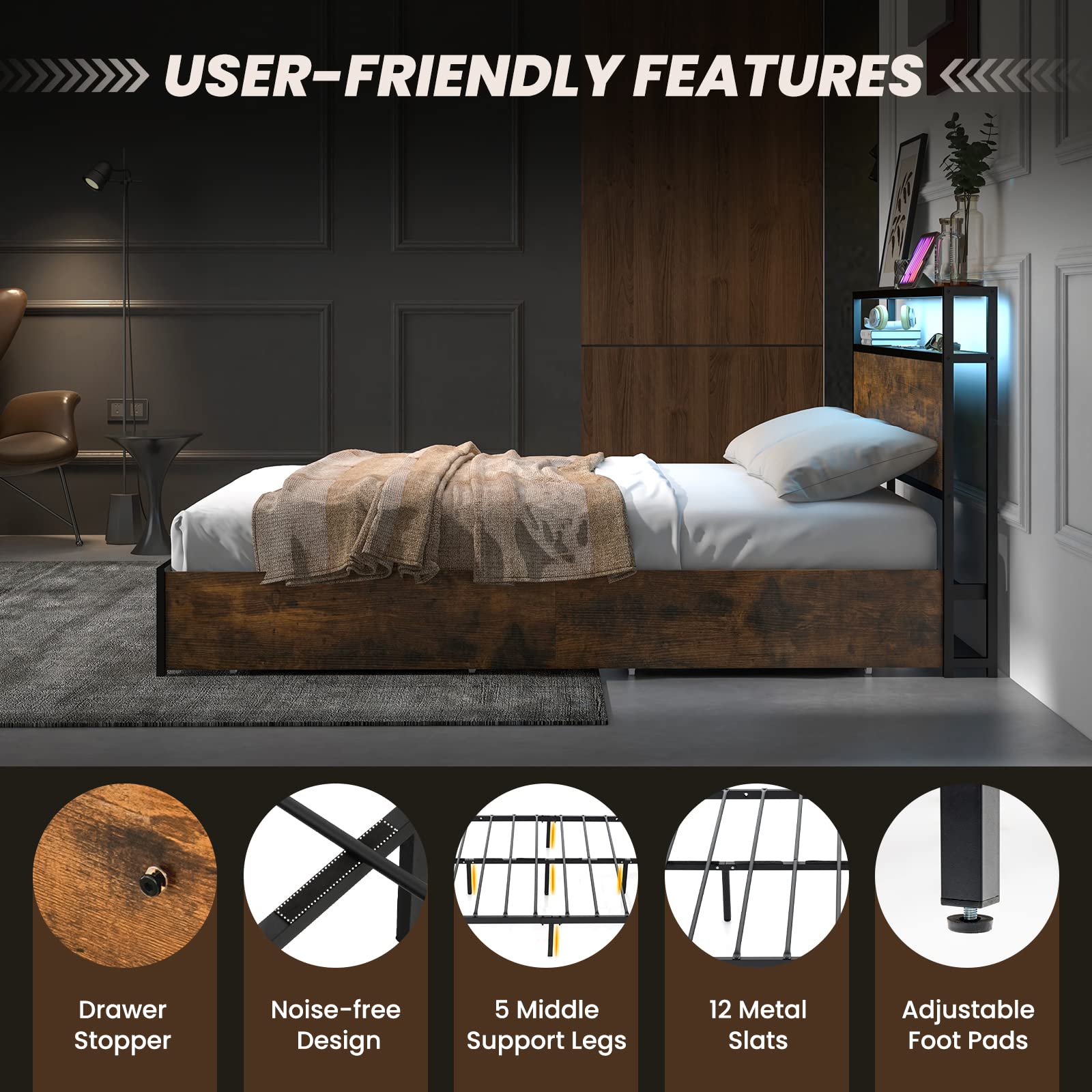Metal Bed Frame with LED Lights Headboard and 4 Storage Drawers, Outlets and USB Ports Charging Station