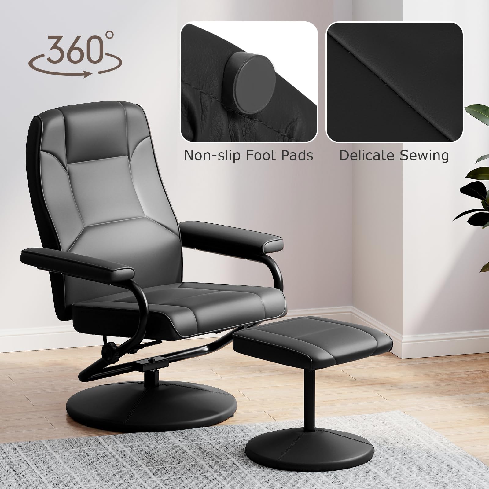 Recliner Chair with Ottoman, 360&deg; Swivel Faux Leather Reclining Chair w/Adjustable Backrest, Footrest