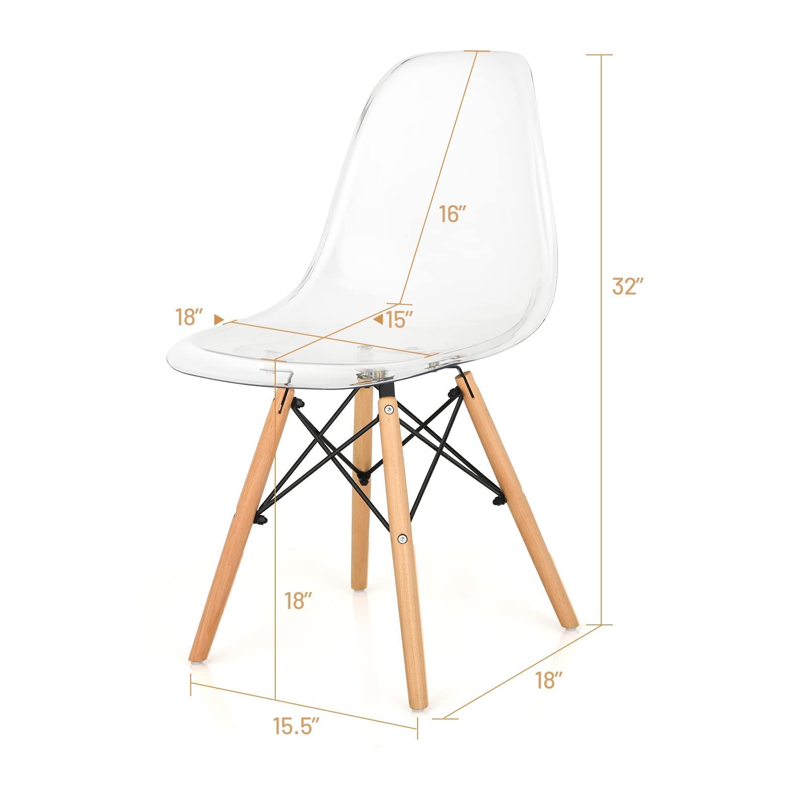 Clear Acrylic Dining Chairs Set of 4 with Beech Wood Legs
