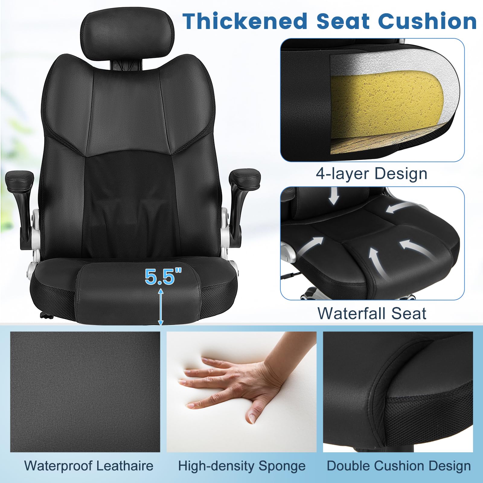 Executive Faux Leather Office Chair, Kneading Massage Computer Chair with Removable Lumbar Support Pillow, Adjustable Headrest