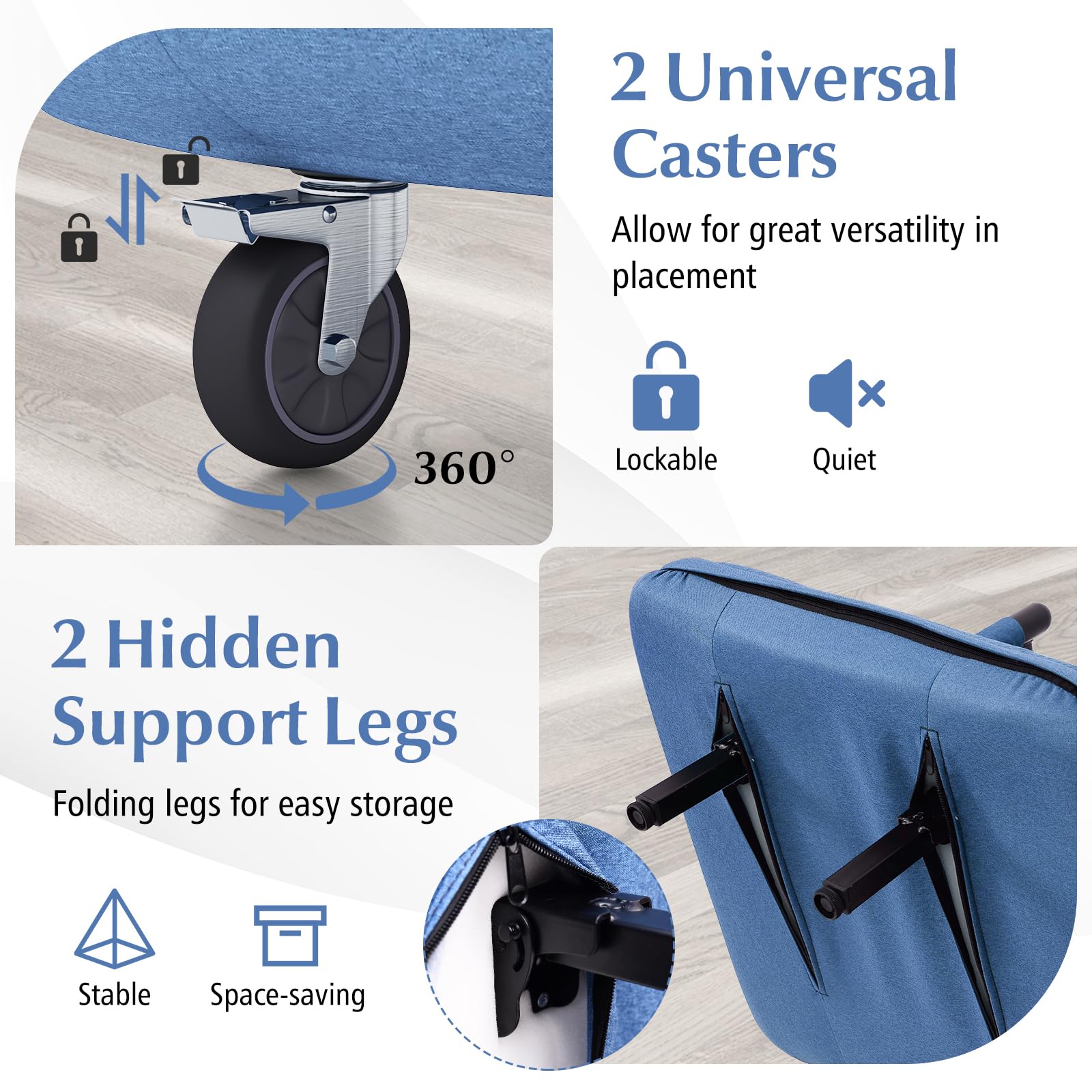 Convertible Chair Bed with 5-Position Adjustable Backrest & Lumbar Pillow, 2 Hidden Metal Legs & 2 Lockable Casters