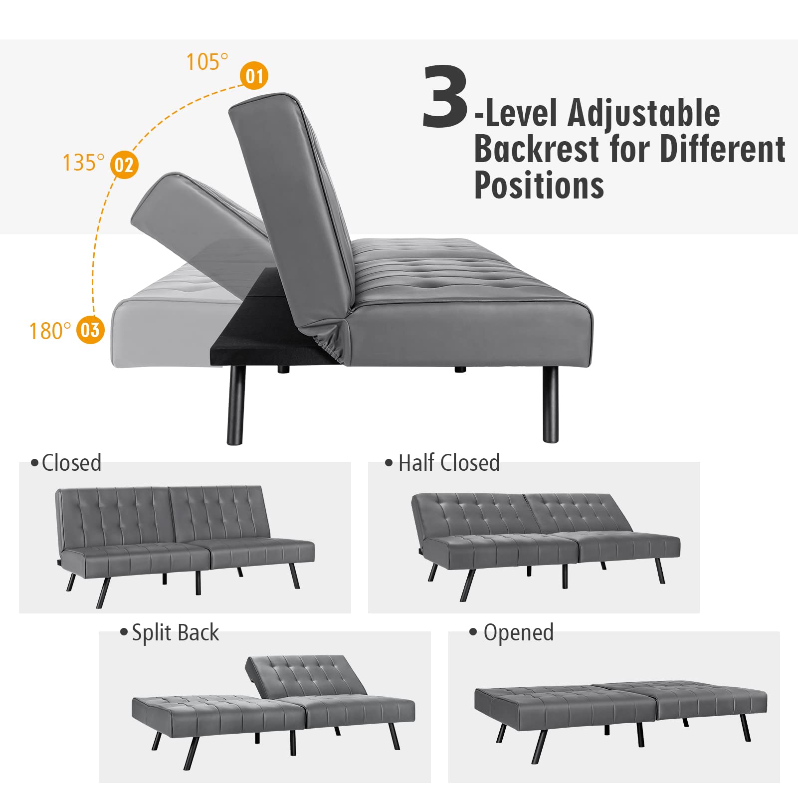 Faux Leather Futon Sofa Bed with Adjustable Backrest