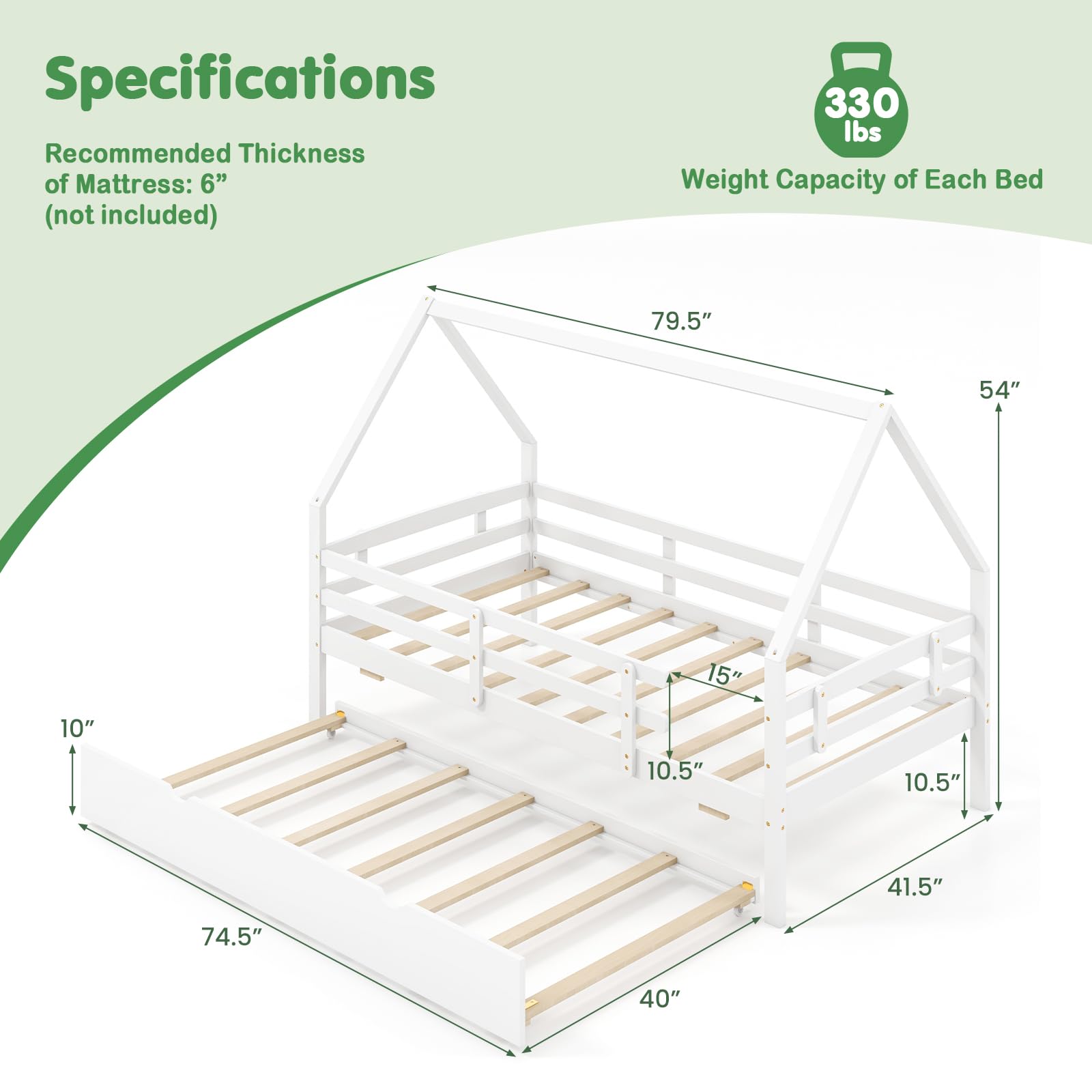 House Bed with Trundle Wood Bed Frame with Safety Rails & Roof