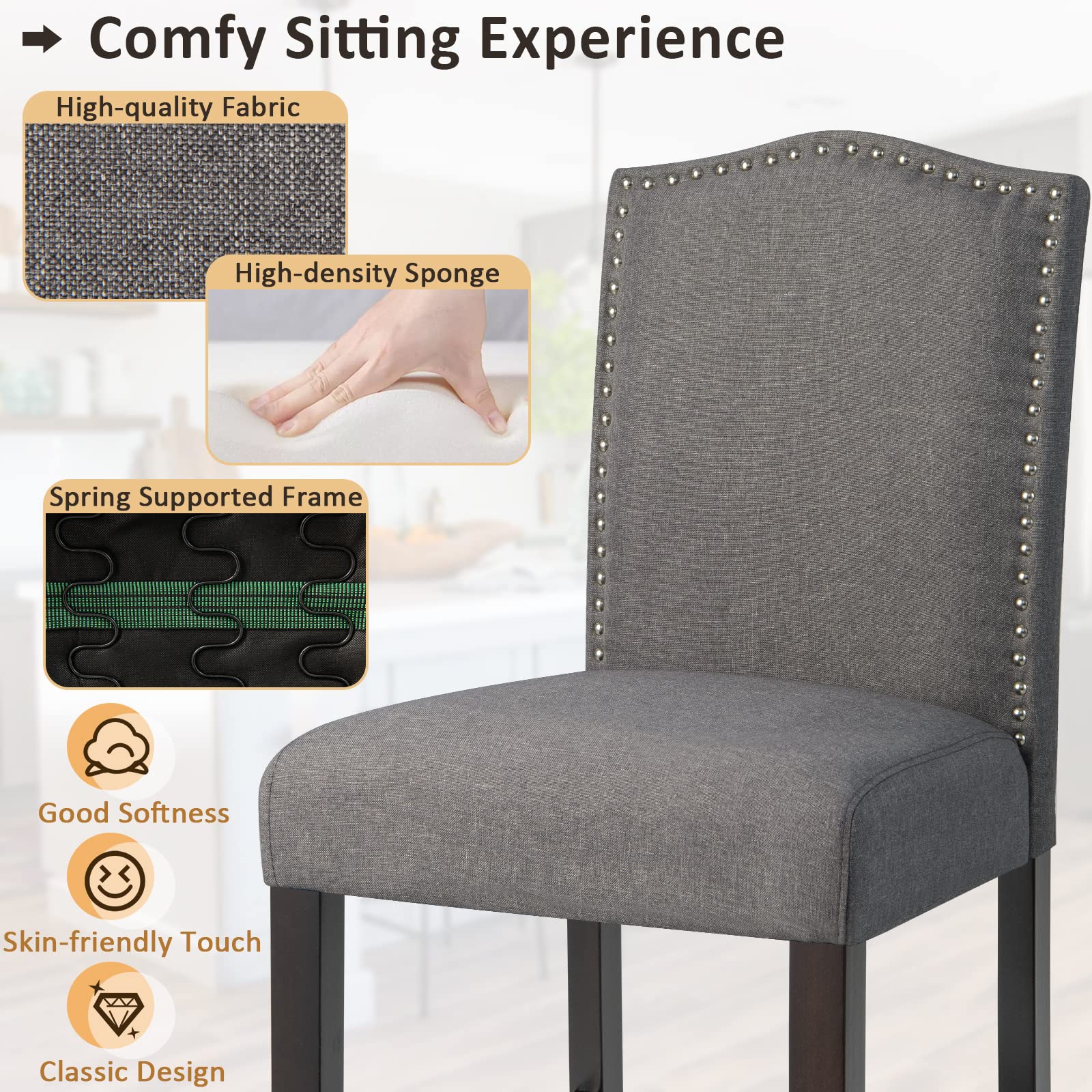 Bar Stools Set of 2/4, Counter Height Bar Dining Chairs with Rubber Wood Legs, Footrest
