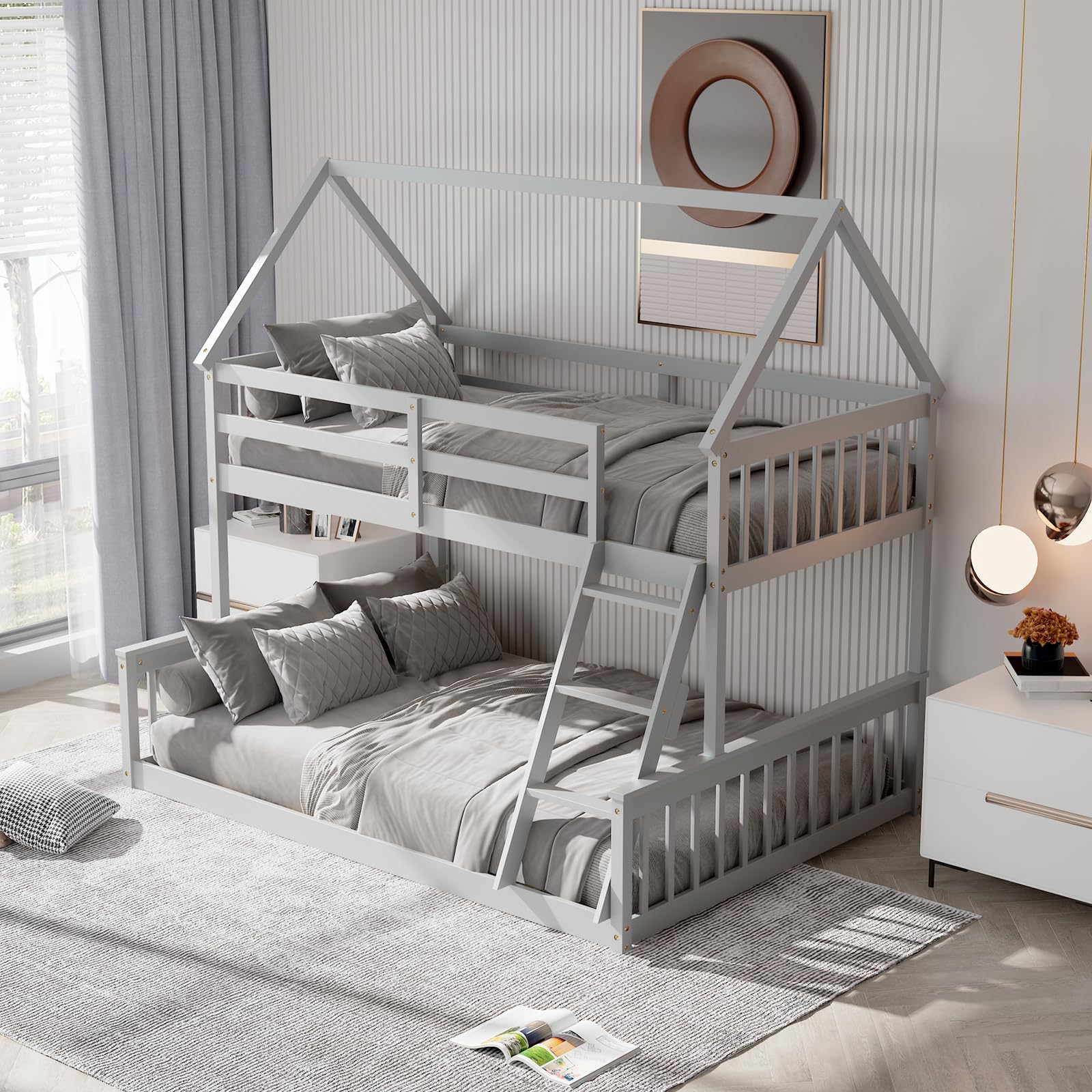 Twin Over Full Wood House Bunk Bed with Integrated Ladder & Safety Guardrails, Convertible to 2 Beds