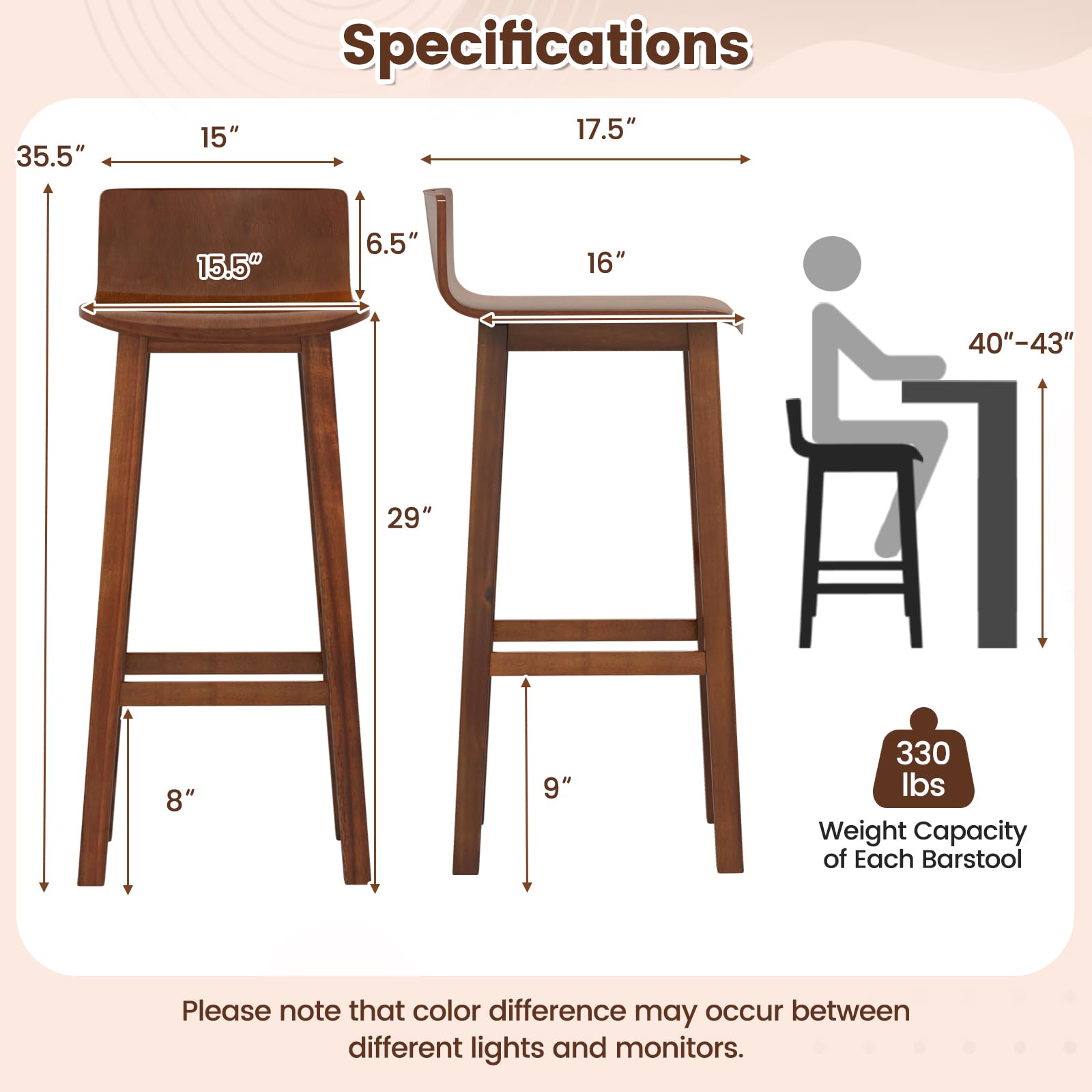 Solid Wood Bar Stools Set of 2/4, Counter Height Chairs with Low Back and Footrest