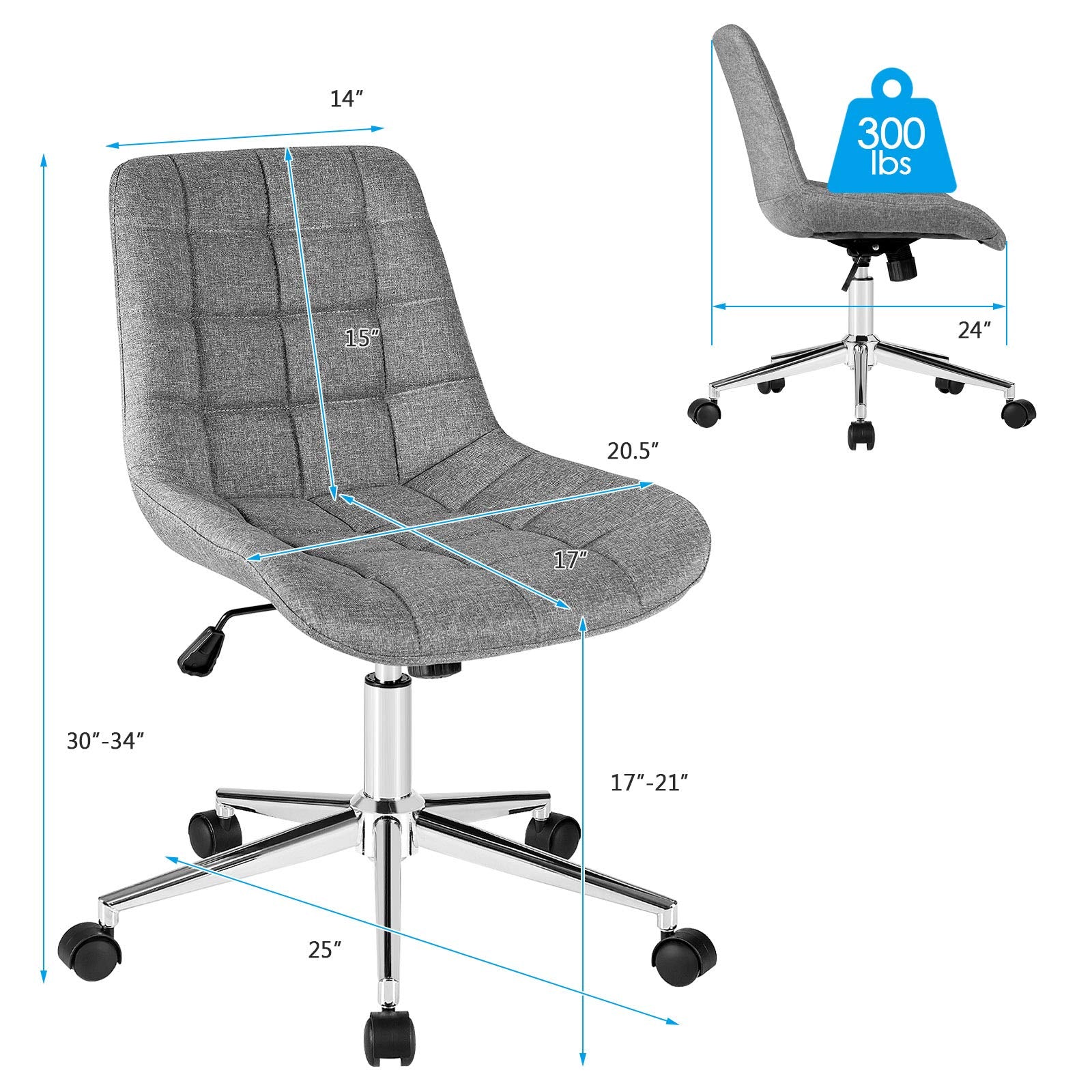 Modern Home Office Chair, Fabric Armless Leisure Chair w/Stable Metal Base and Rocking Function