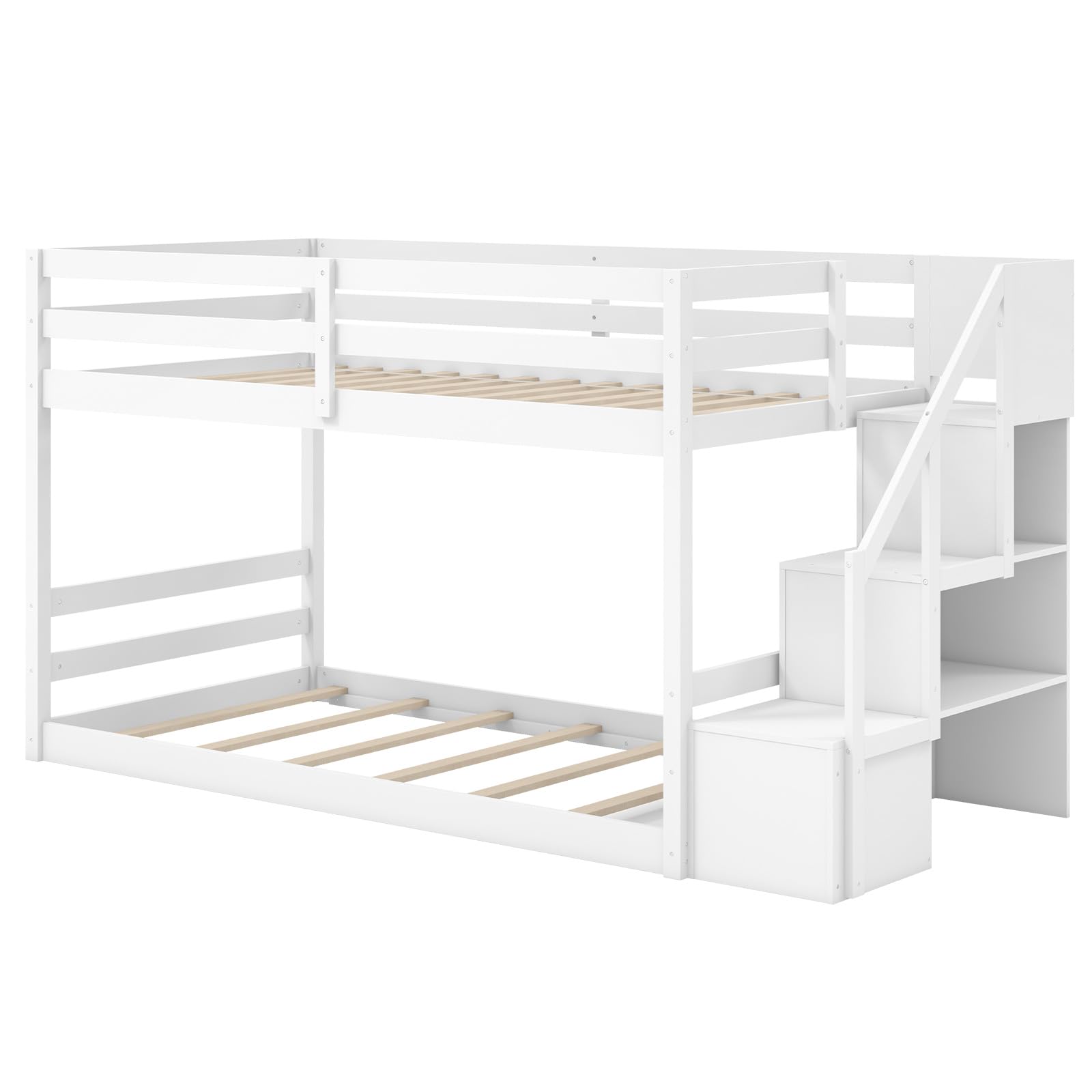 Bunk Bed with Stairs, Solid Wood Floor Bunk Bed with Storage Staircase & Full-Length Guardrails