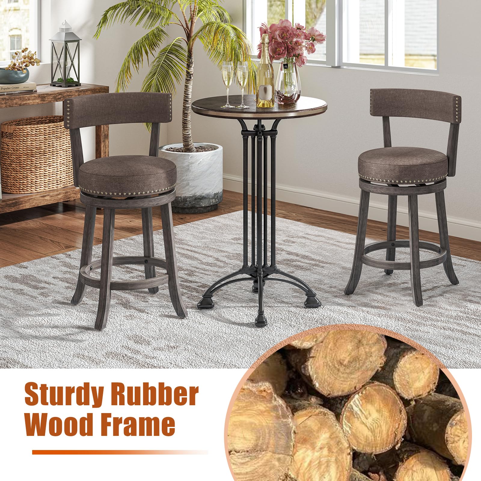 Swivel Counter Height Bar Stools Set of 2/4 with Footrest, Rubber Wood Frame