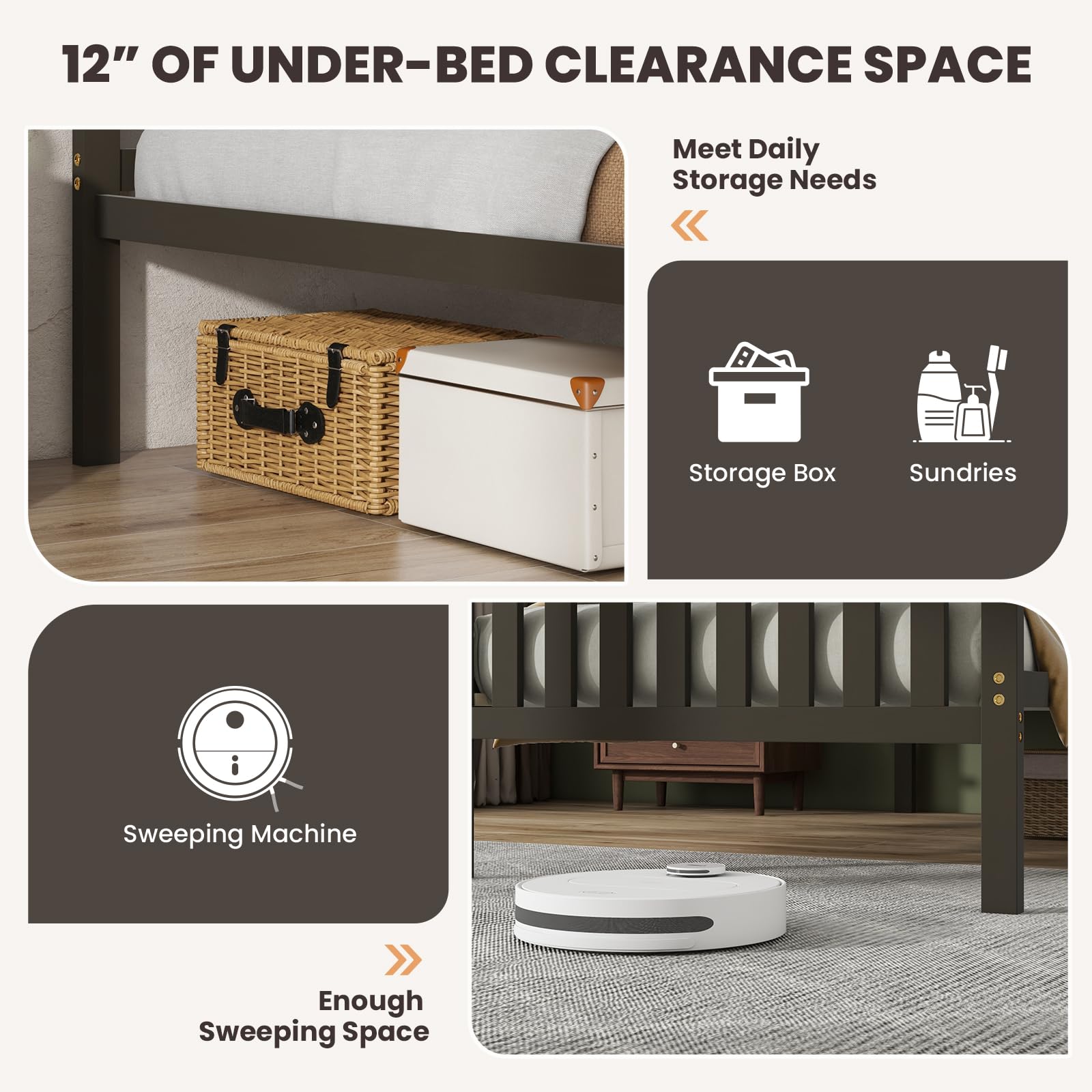 Wood Platform Bed Frame with Headboard, Wooden Slats Support, 12" Under-Bed Storage Space