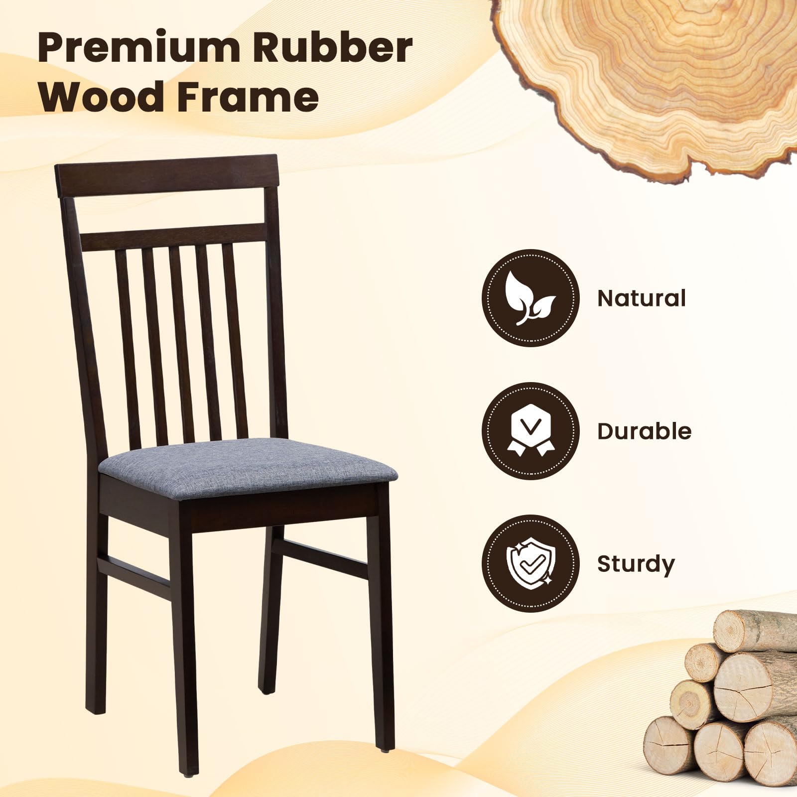 Armless Wood Dining Chairs Set of 2/4 with Cushion Seat,  Solid Rubber Wood Frame