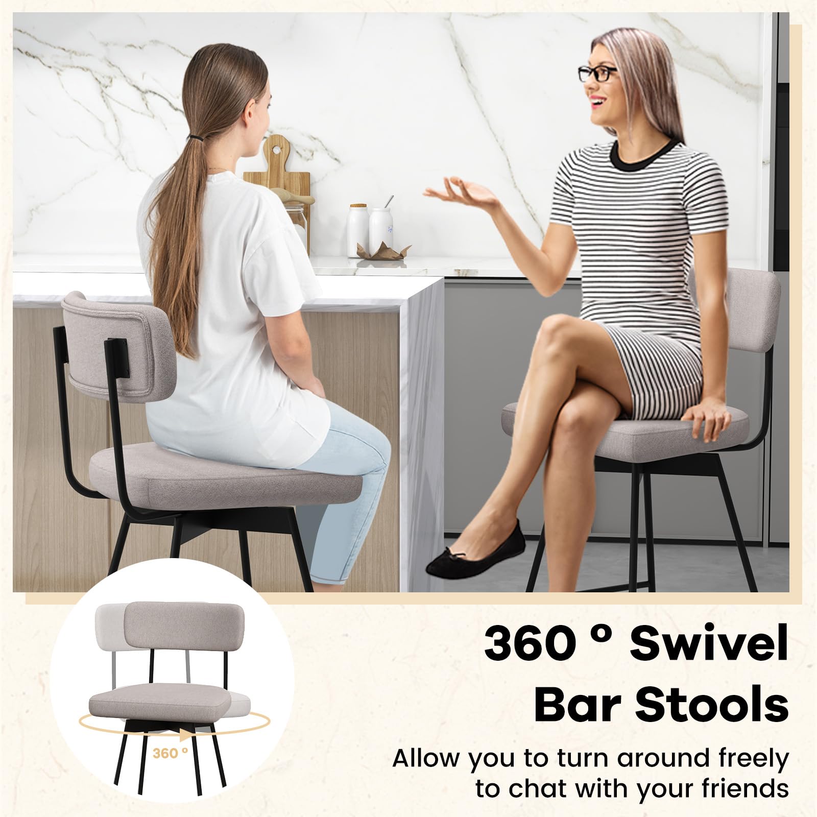Bar Stools Set of 2/4, 25&rdquo; Upholstered Counter Height Bar Stools with Back