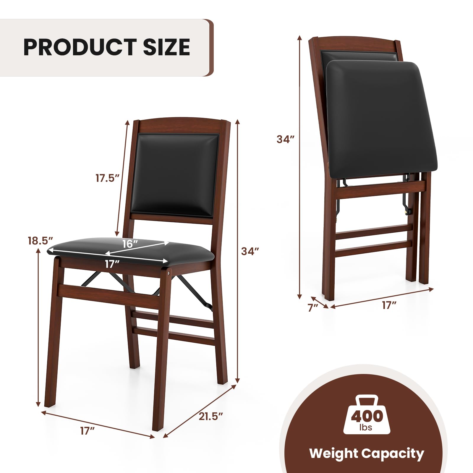 Folding Dining Chairs Set of 2/4, Foldable Wood Chairs with PVC Padded Seat & High Backrest