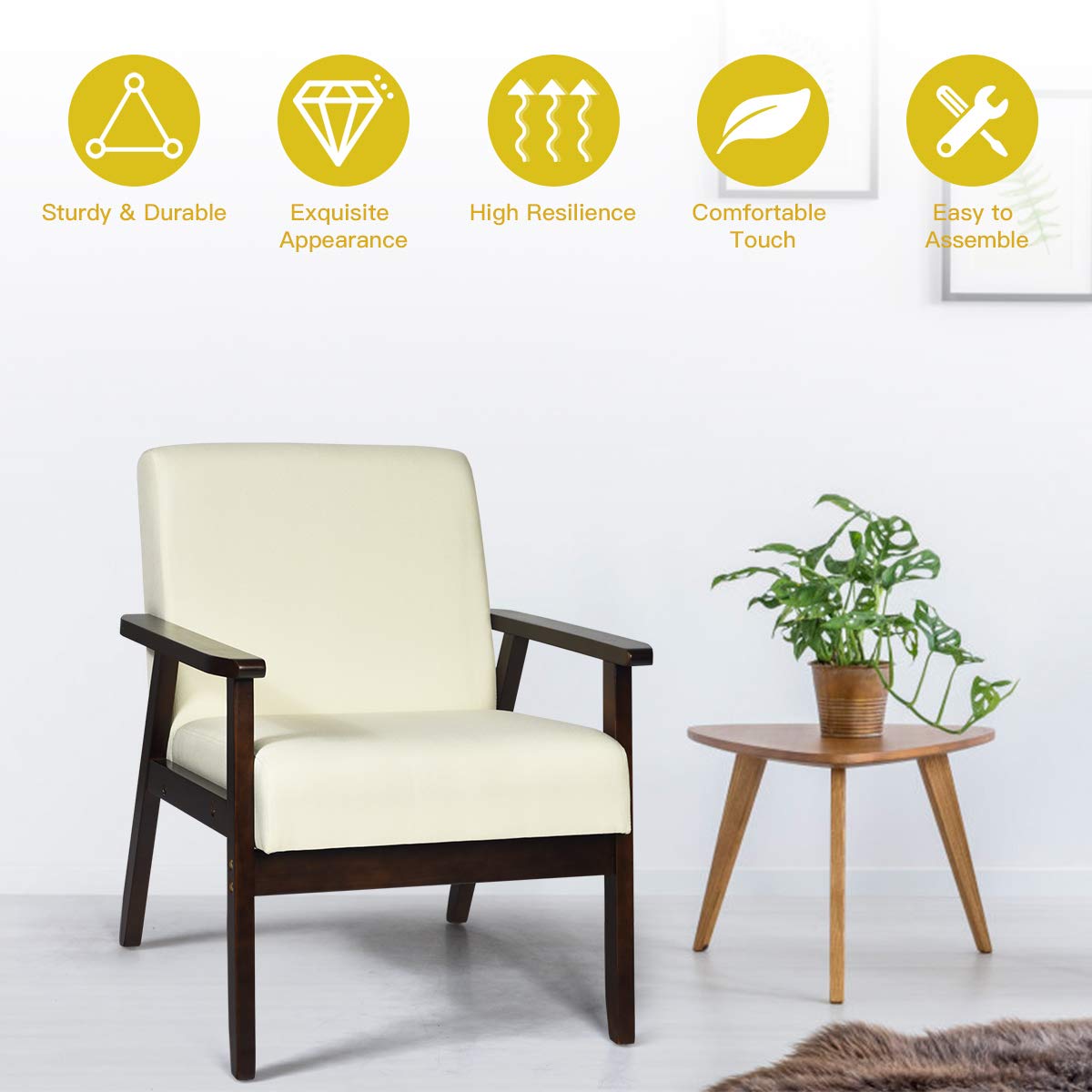 Armrest Accent Chair, Upholstered Linen Fabric Lounge Chair with Rubber Wood Legs, Comfortable Backrest