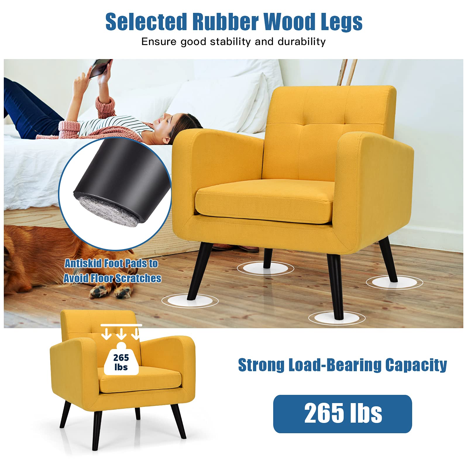 Modern Upholstered Accent Chair w/ Rubber Wood Legs | Linen Fabric Single Sofa