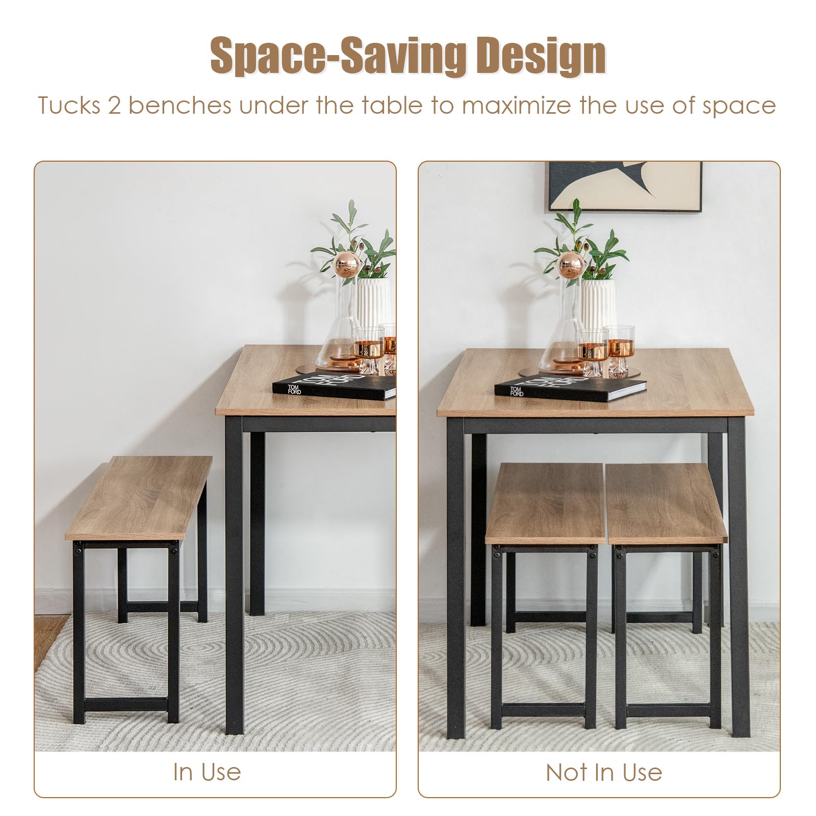 Dining Table Set for 4, 3-Piece Kitchen Table with 2 Benches