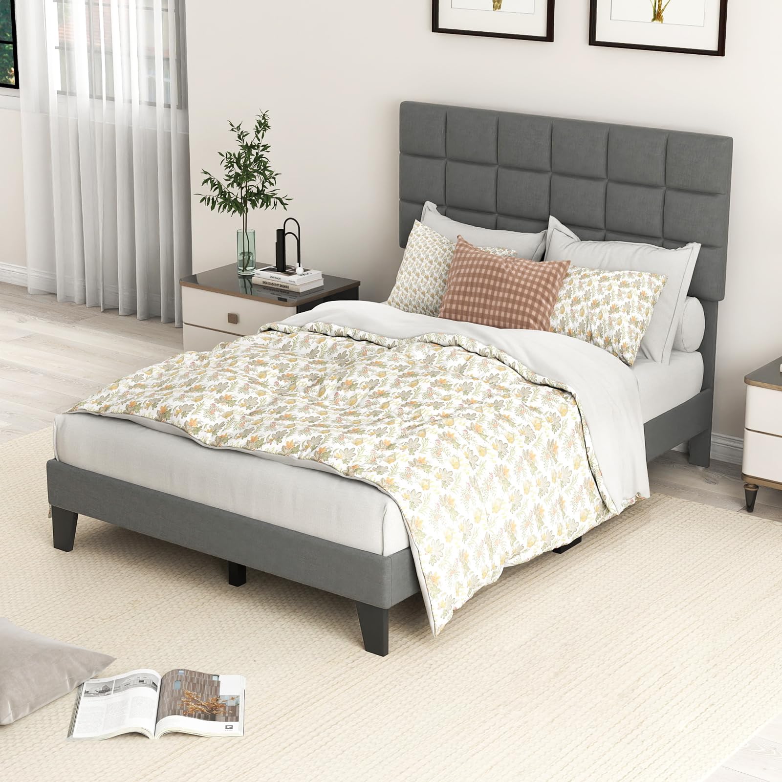 Linen Fabric Upholstered Bed Frame with Adjustable Headboard & Wooden Slat Support