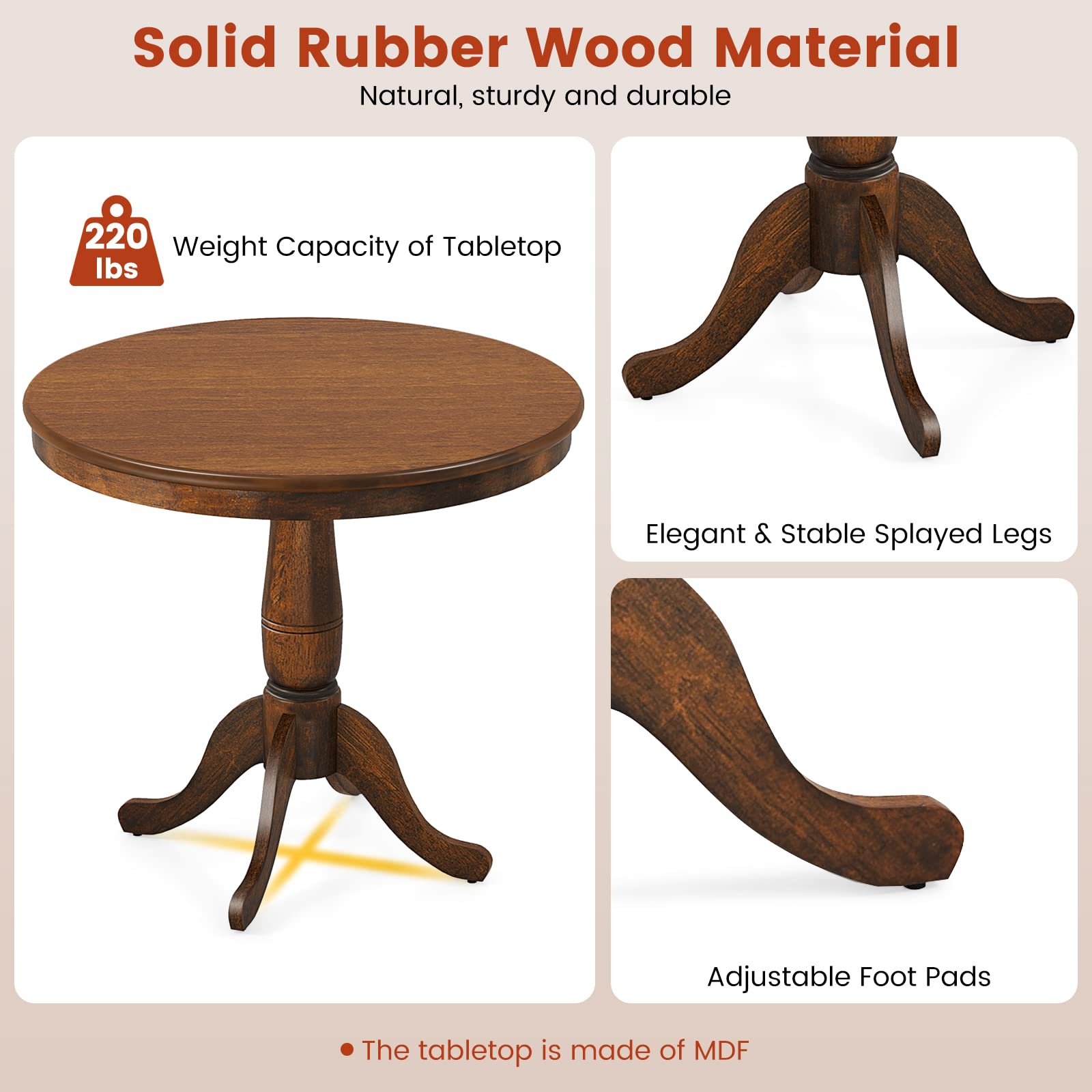 Round Dining Table for 2-4 People, 32" D X 30" H Wooden Kitchen Table with Spacious Table Top, Pedestal Base